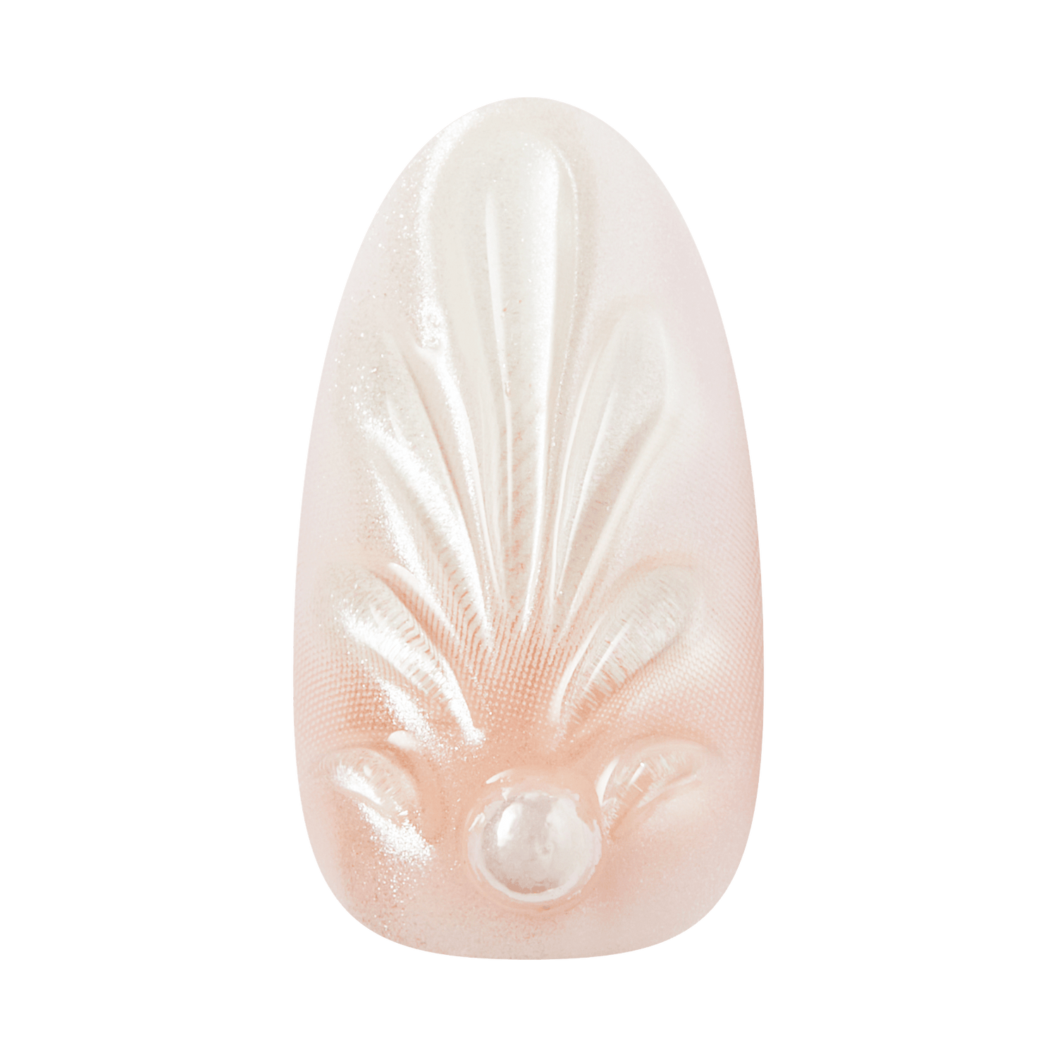 Oval almond press-on nail with white ombre design and shell texture detail.