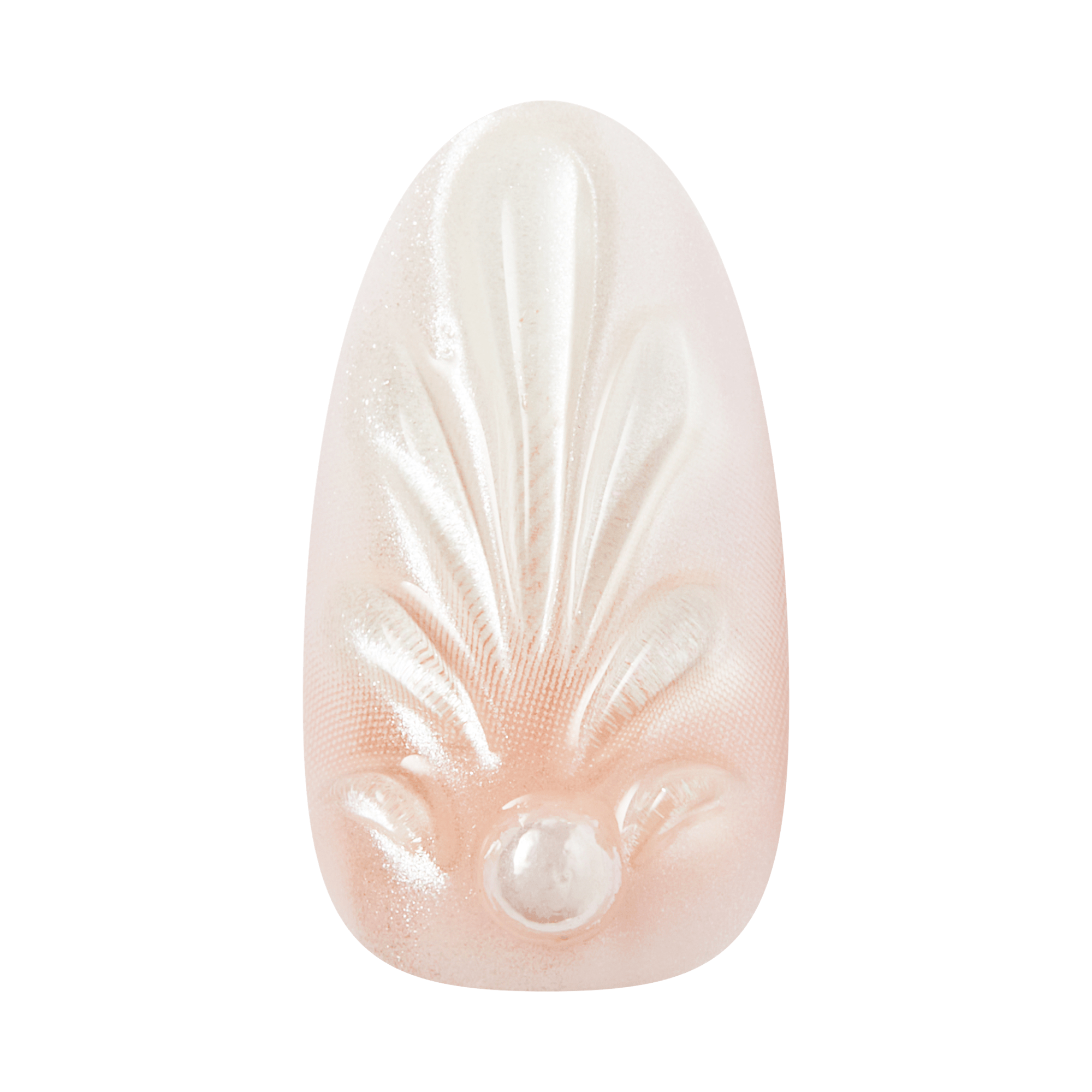 Oval almond press-on nail with white ombre design and shell texture detail.