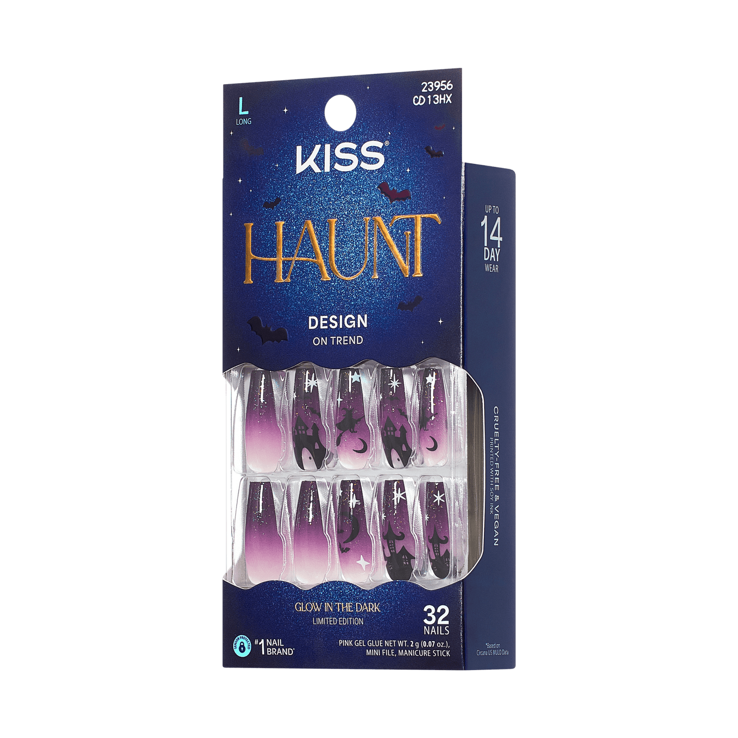 Kiss Haunt Halloween Press On Fake Glue Nails - After Dark | Design, Purple, Long, Coffin, Glow In The Dark