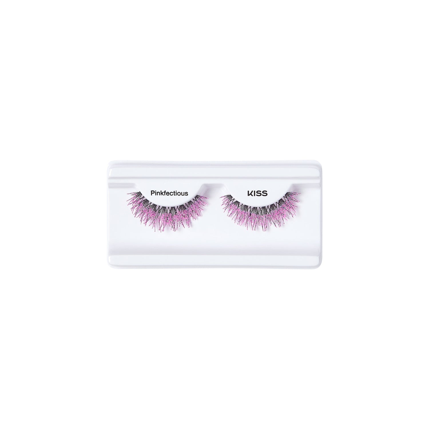 The image shows a pair of false eyelashes in a white plastic case. The eyelashes are labeled "Pinkticious" and "KISS." The lashes are predominantly pink with a hint of black, giving them a vibrant and eye-catching appearance. The case is simple and rectangular, designed to hold and display the eyelashes securely.