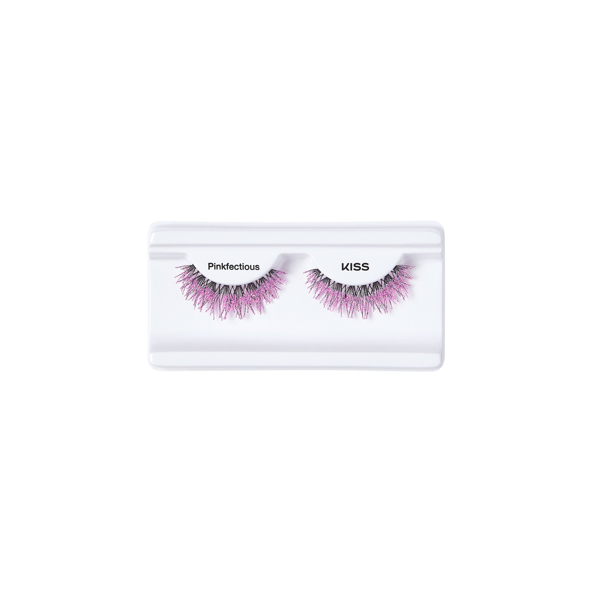The image shows a pair of false eyelashes in a white plastic case. The eyelashes are labeled "Pinkticious" and "KISS." The lashes are predominantly pink with a hint of black, giving them a vibrant and eye-catching appearance. The case is simple and rectangular, designed to hold and display the eyelashes securely.