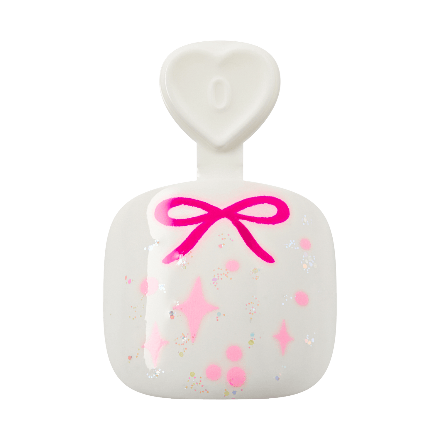 White perfume bottle with magenta bow and sparkle design