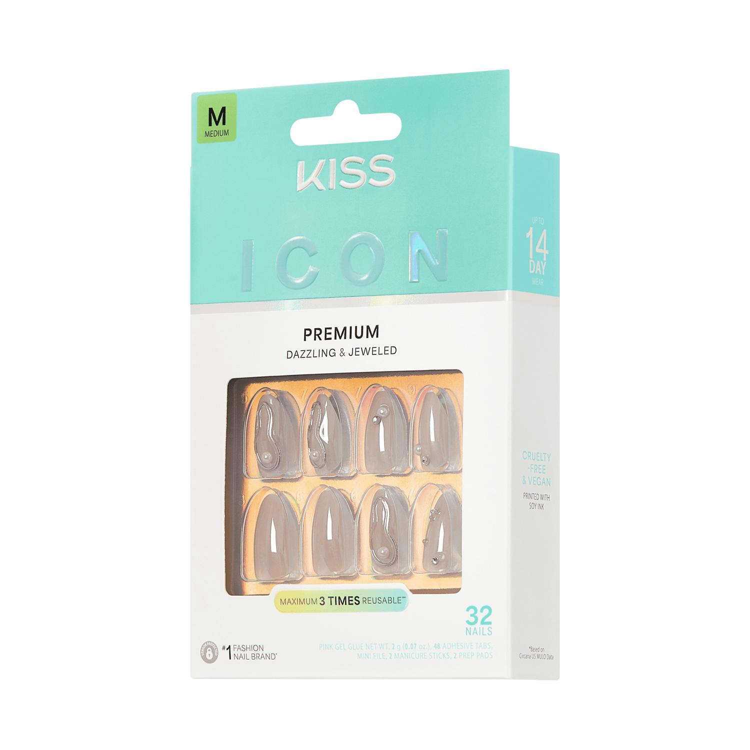 KISS Icon Premium Medium Fake Nails, 32 Pack, Dazzling &amp; Jeweled Design