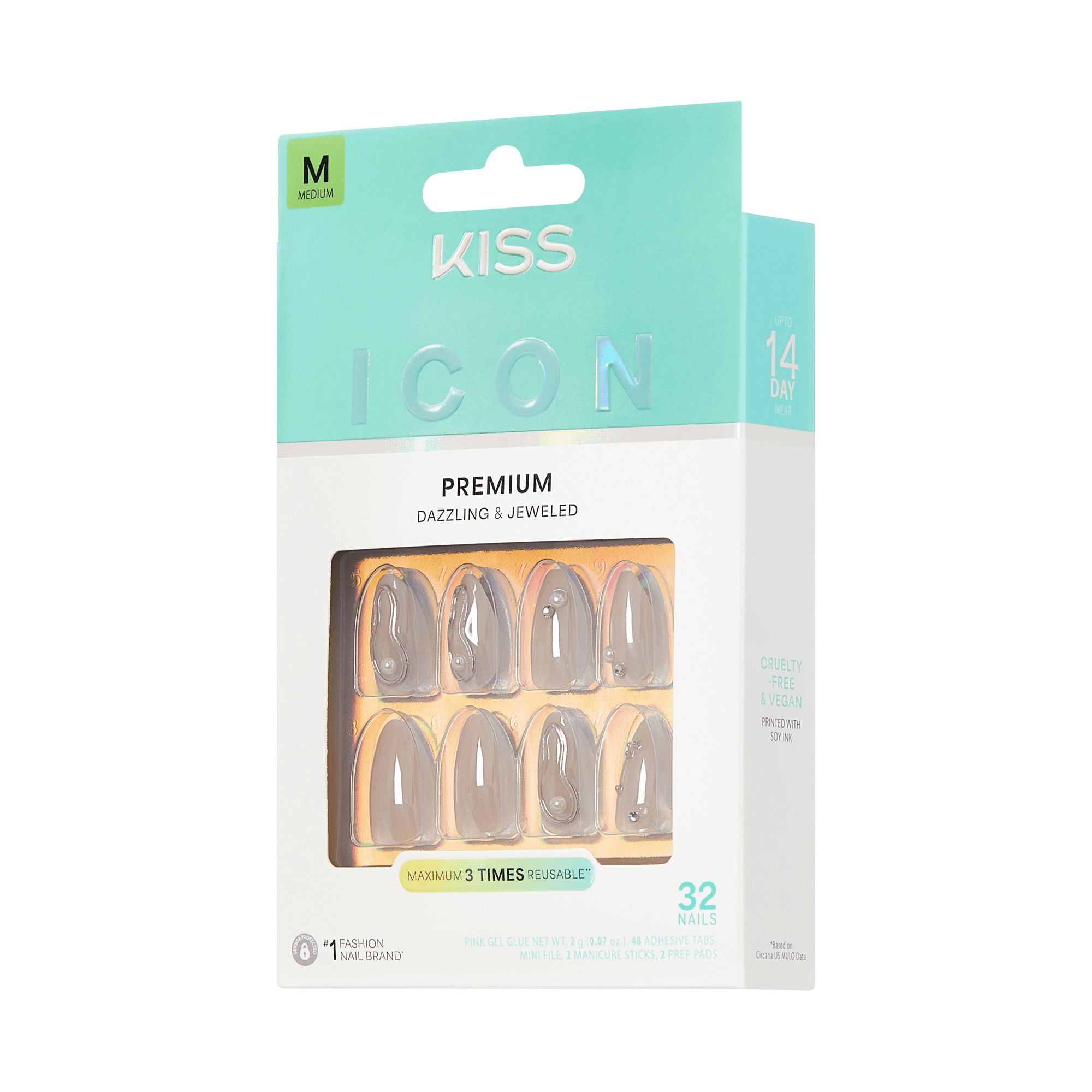 KISS Icon Premium Medium Fake Nails, 32 Pack, Dazzling &amp; Jeweled Design
