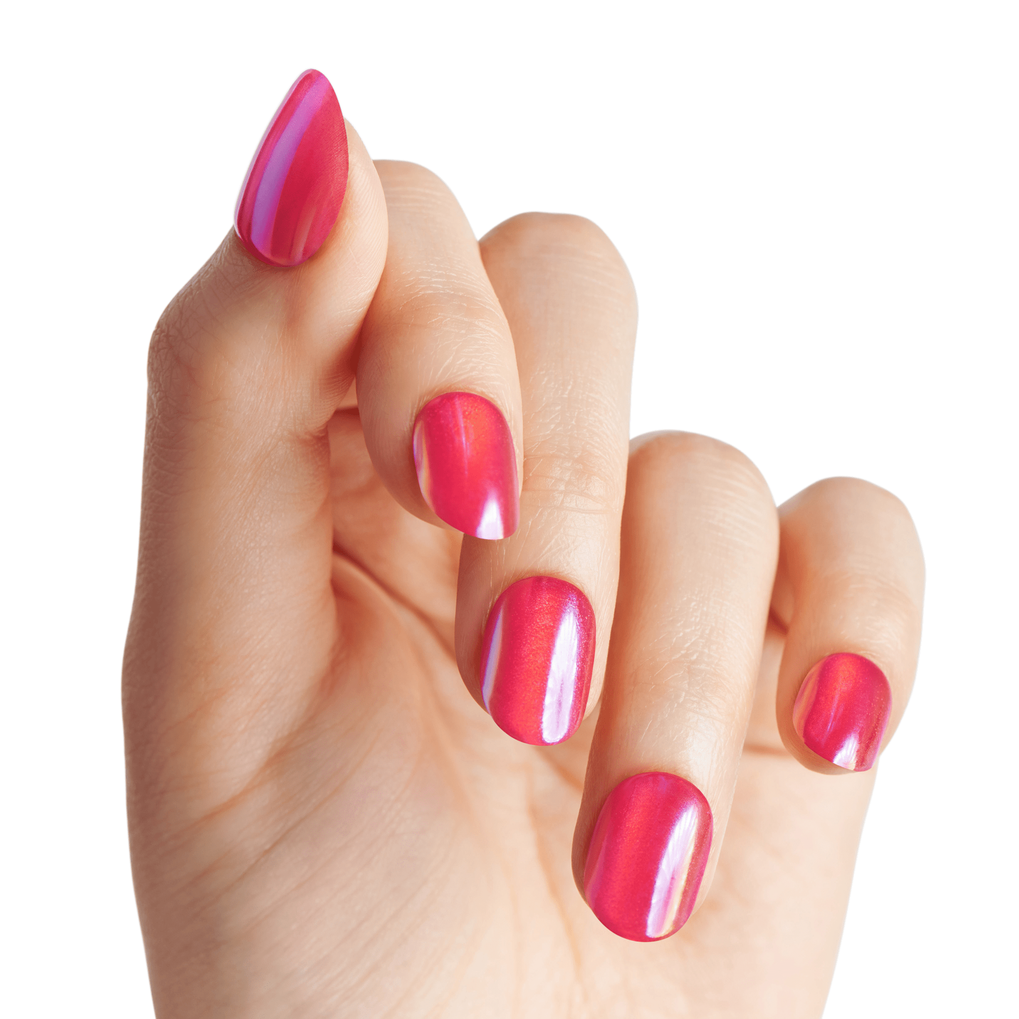 The image features a hand with well-manicured nails painted in a vibrant pink color. The nails have a glossy finish, showcasing a shiny, reflective surface. The hand is positioned with the fingers slightly spread, highlighting the polished nails. The background is plain white, which emphasizes the bright color of the nails.