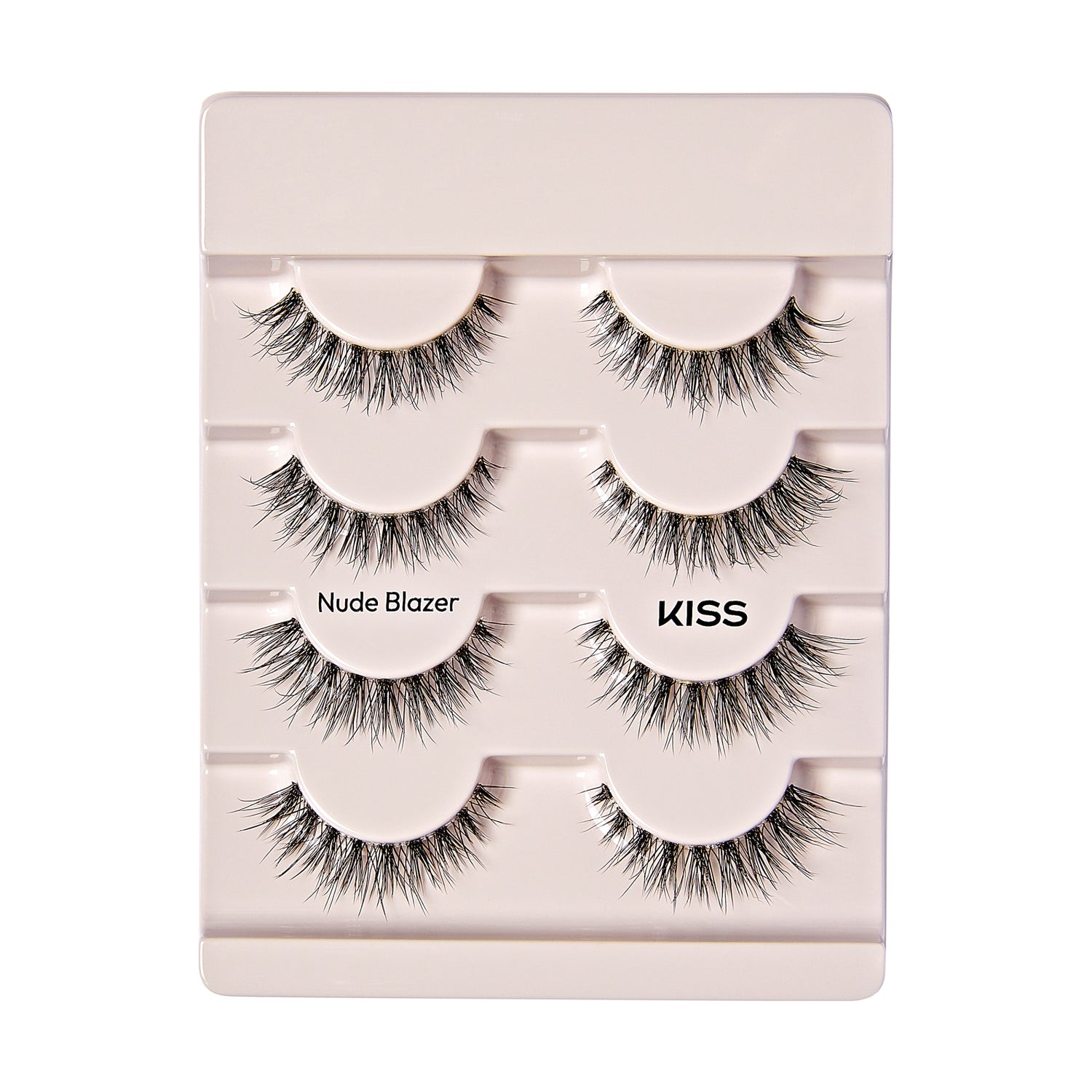The image shows a package of false eyelashes from the brand "KISS." The package contains five pairs of eyelashes, neatly arranged in a vertical layout. Each pair of eyelashes is designed to look voluminous and natural, with a mix of shorter and longer strands to create a fuller effect. The packaging is light-colored, and the style name "Nude Blazer" is printed on the second pair from the top. The brand name "KISS" is printed on the third pair from the top.