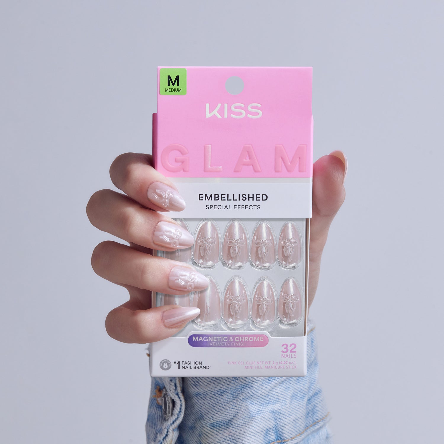 Kiss Glam Embellished press-on nails, medium size, magnetic chrome finish with bow designs