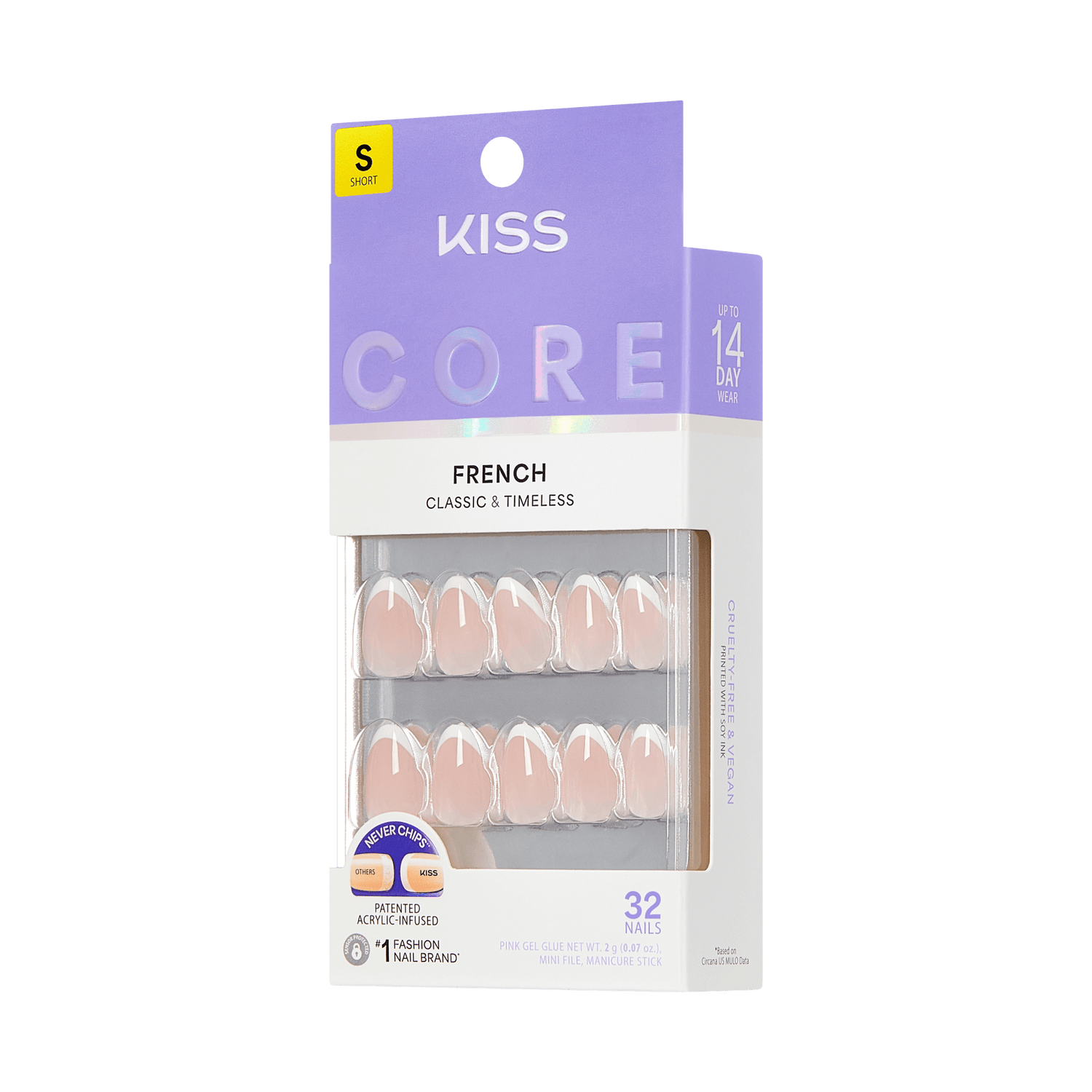 KISS Core French Classic &amp; Timeless Nail Kit, Size Short, 32 Nails