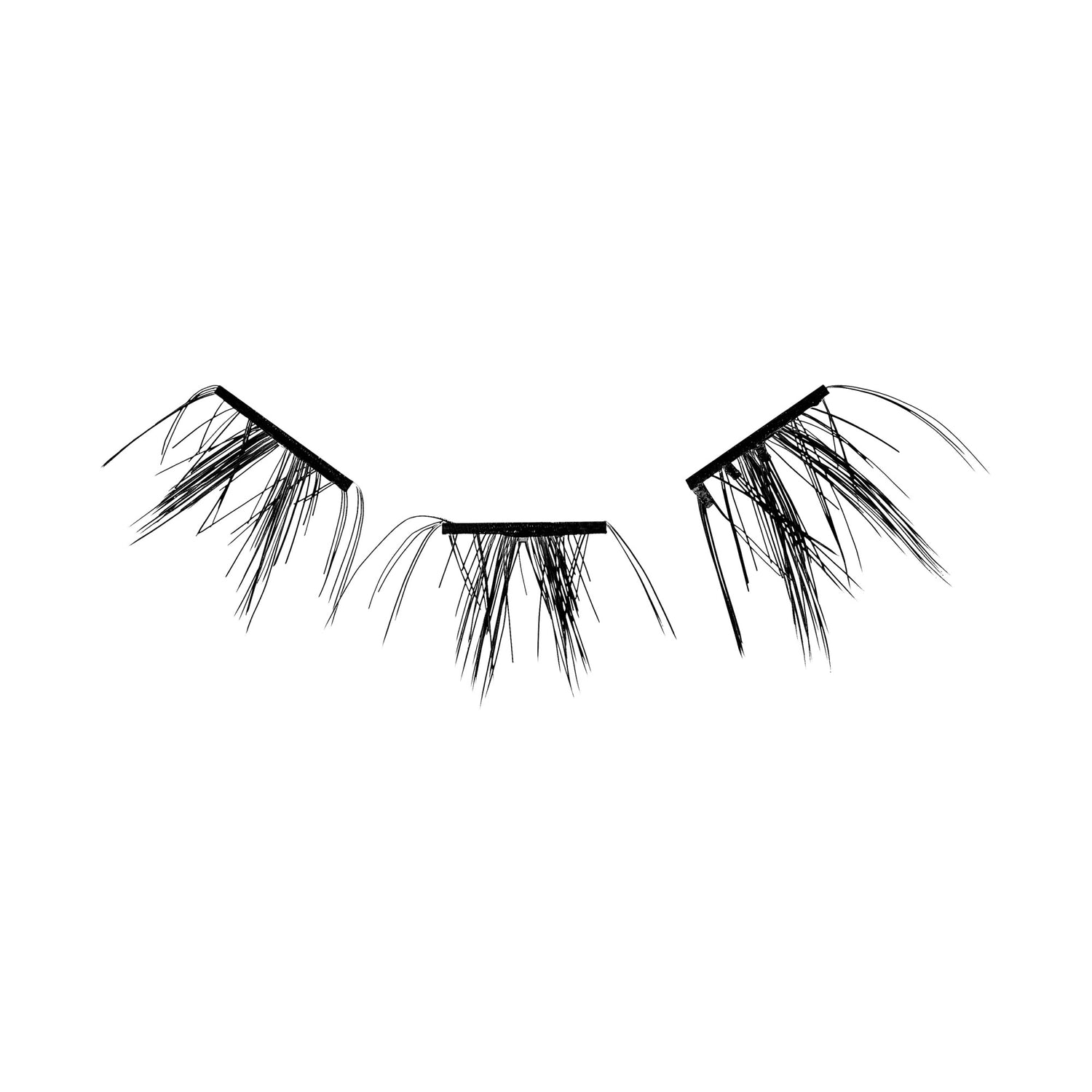 The image shows a set of false eyelashes. The eyelashes are black and appear to be made of synthetic fibers. They are arranged in three separate sections, each with a strip that would be used to attach them to the eyelid. The lashes are long and wispy, designed to enhance the appearance of natural eyelashes by adding volume and length.