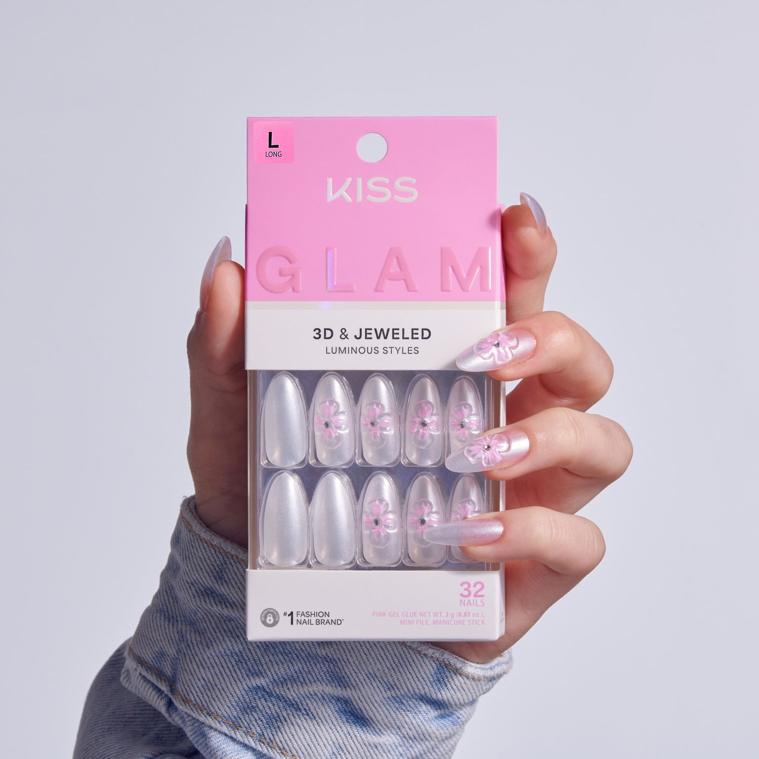 KISS Glam 3D &amp; Jeweled press-on nails in size L with pink floral design, 32 nails total.