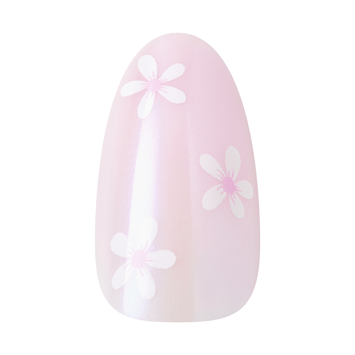 Pink nail with white floral design and vertical stripe pattern.