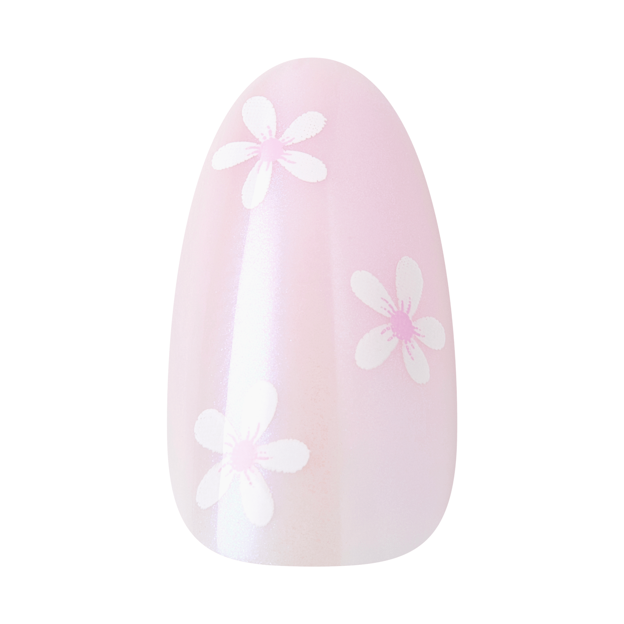 Pink nail with white floral design and vertical stripe pattern.