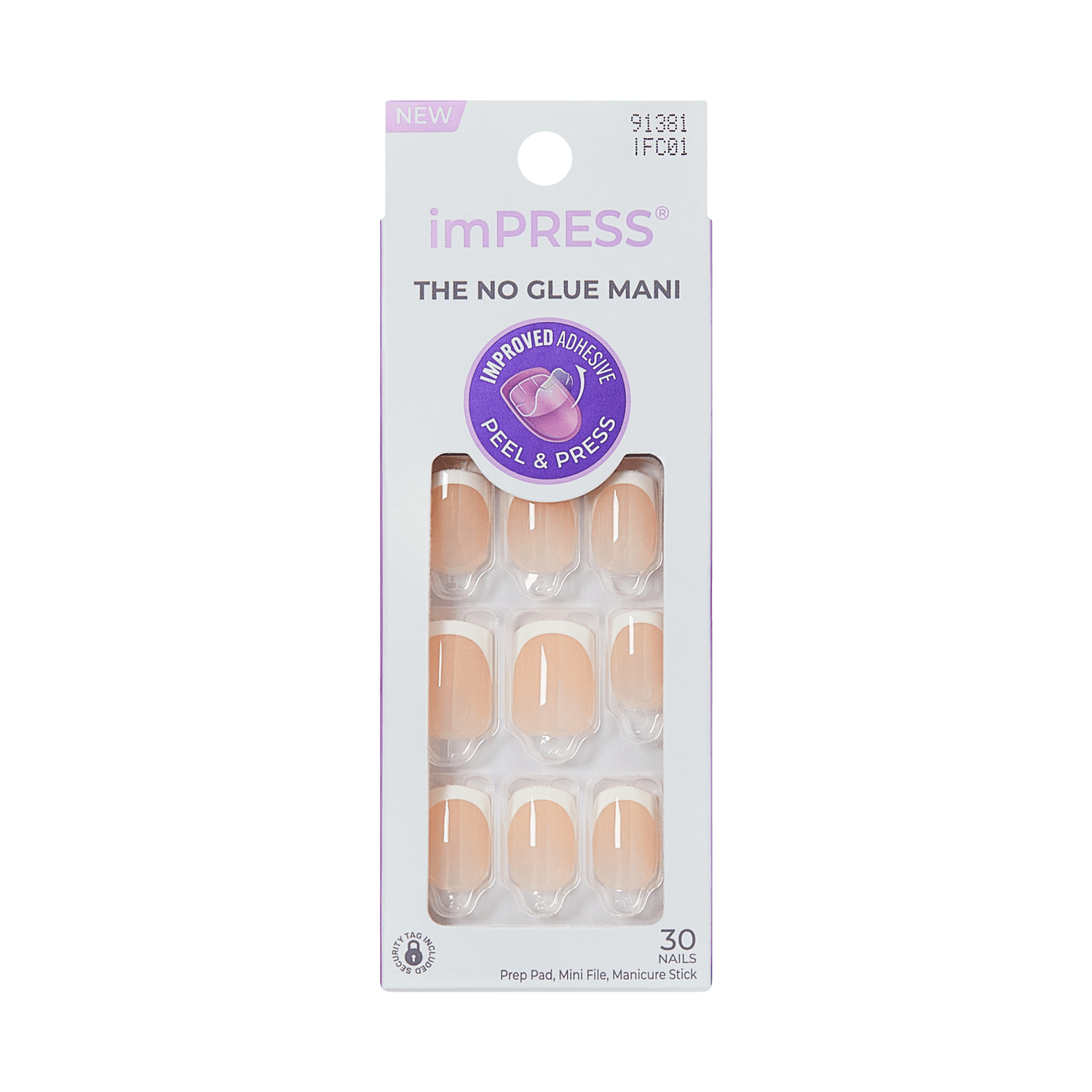 imPRESS French Press On Nails packaging showing 30 beige press-on nails with white tips, labeled \