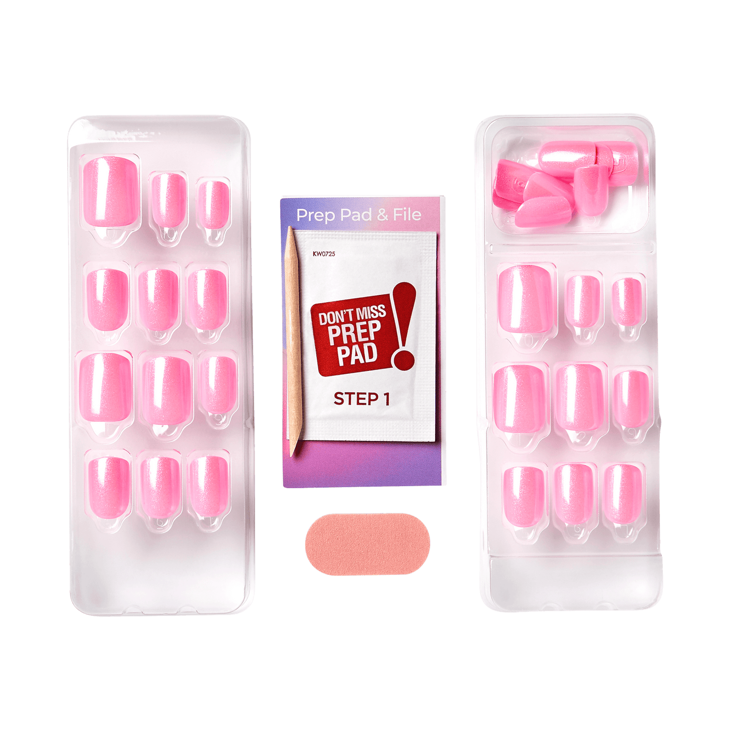 Pink press-on nail kit with prep pad and file, 12 nails included