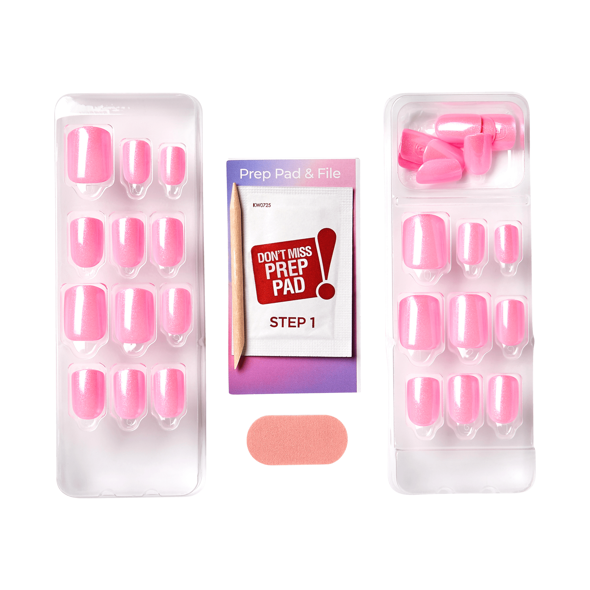 Pink press-on nail kit with prep pad and file, 12 nails included