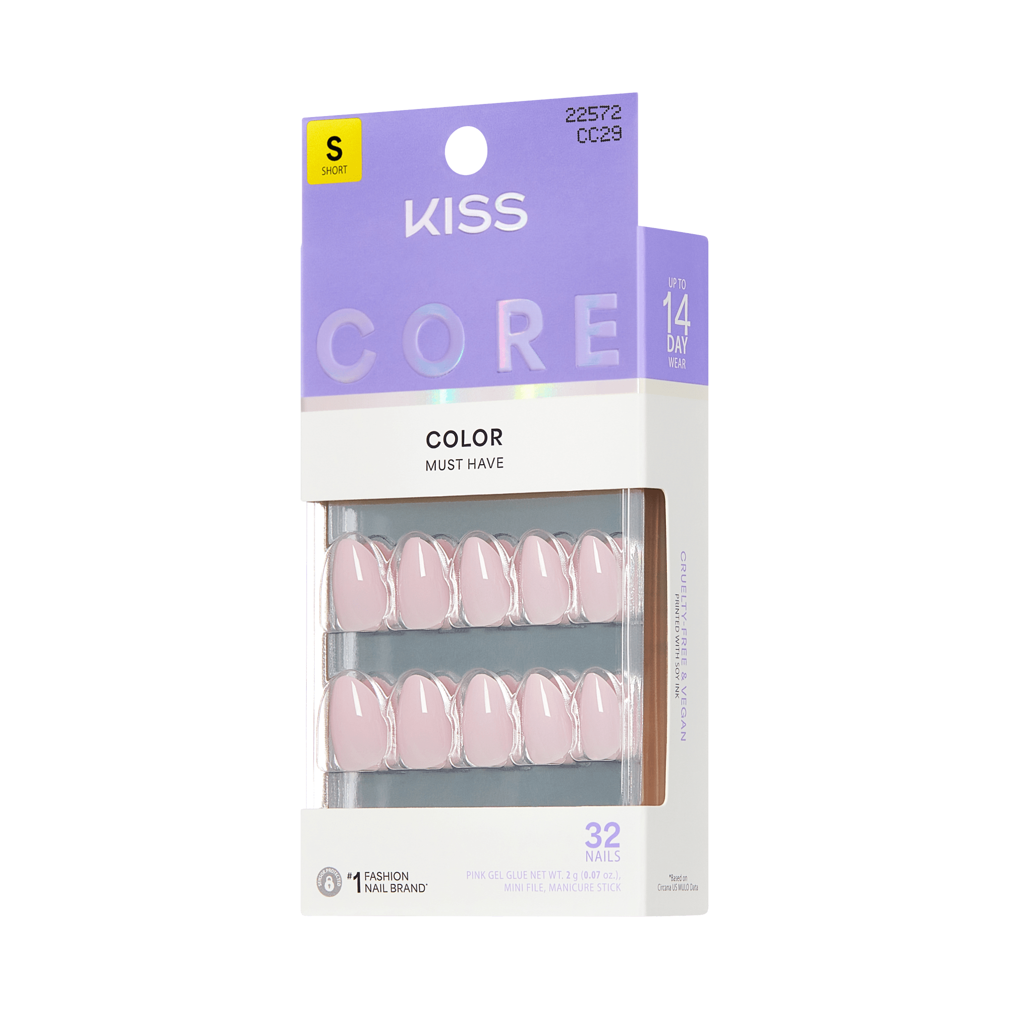 KISS Core Color Must Have pink gel nails, size short, 32 nails