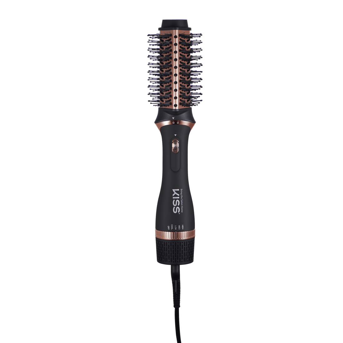Black and rose gold KISS Volume Boosting Air Brush with round bristle head, power switch, and heat settings visible on handle.