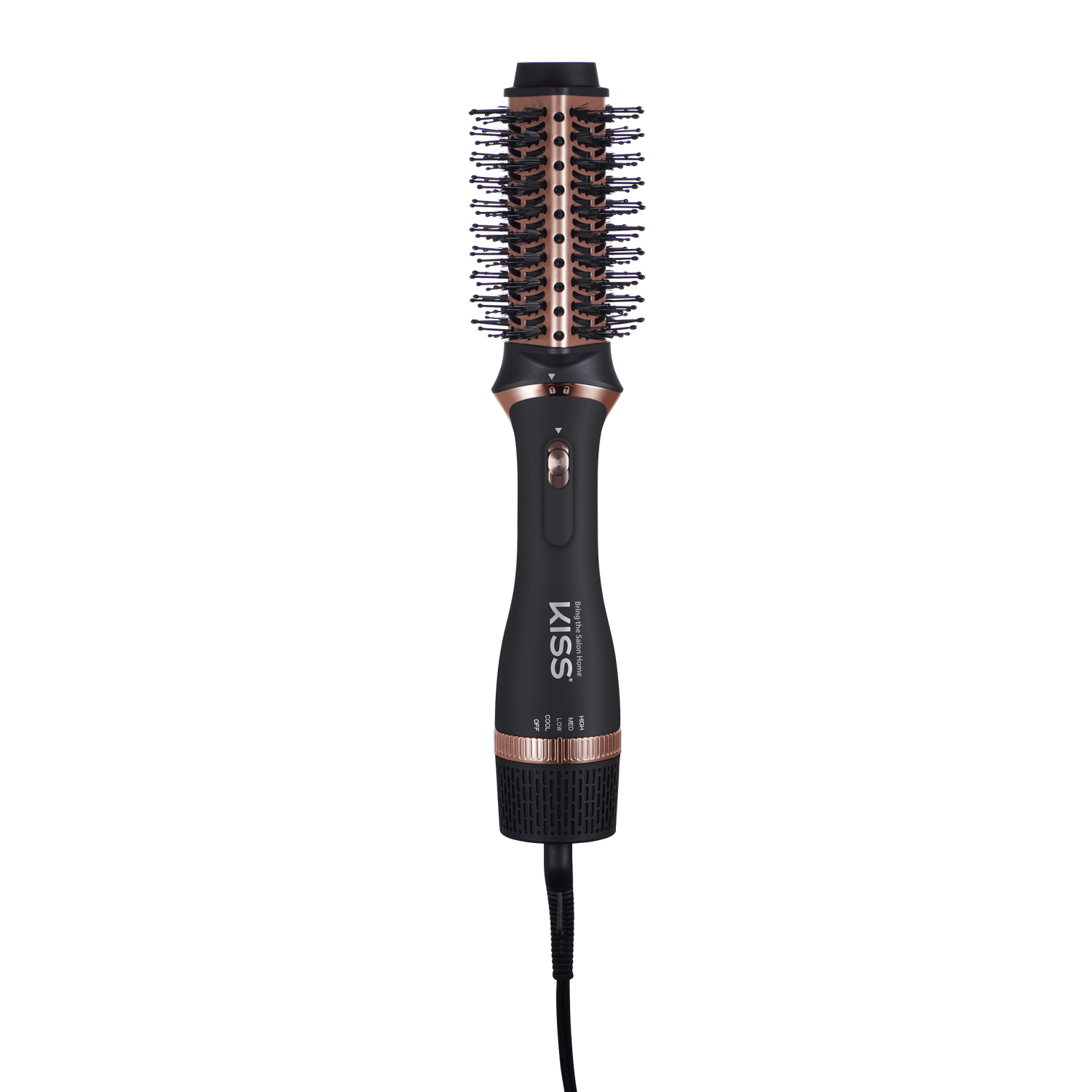 Black and rose gold KISS Volume Boosting Air Brush with round bristle head, power switch, and heat settings visible on handle.