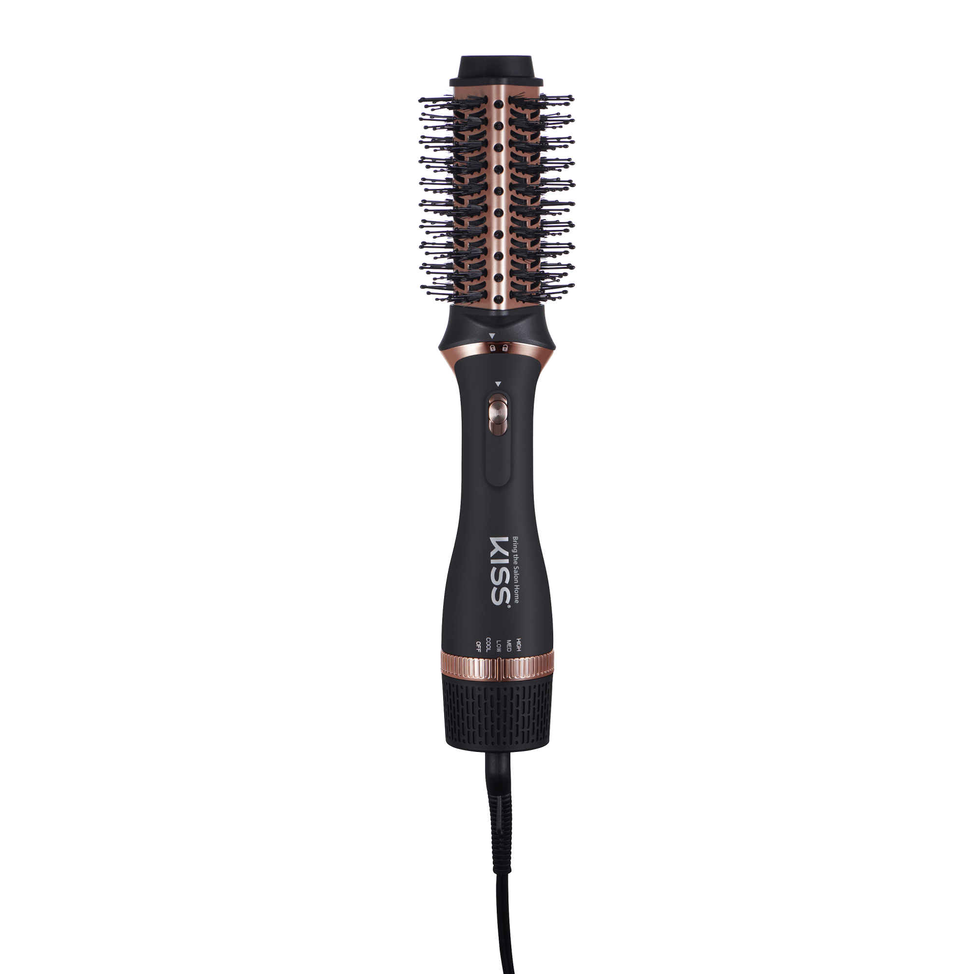 Black and rose gold KISS Volume Boosting Air Brush with round bristle head, power switch, and heat settings visible on handle.