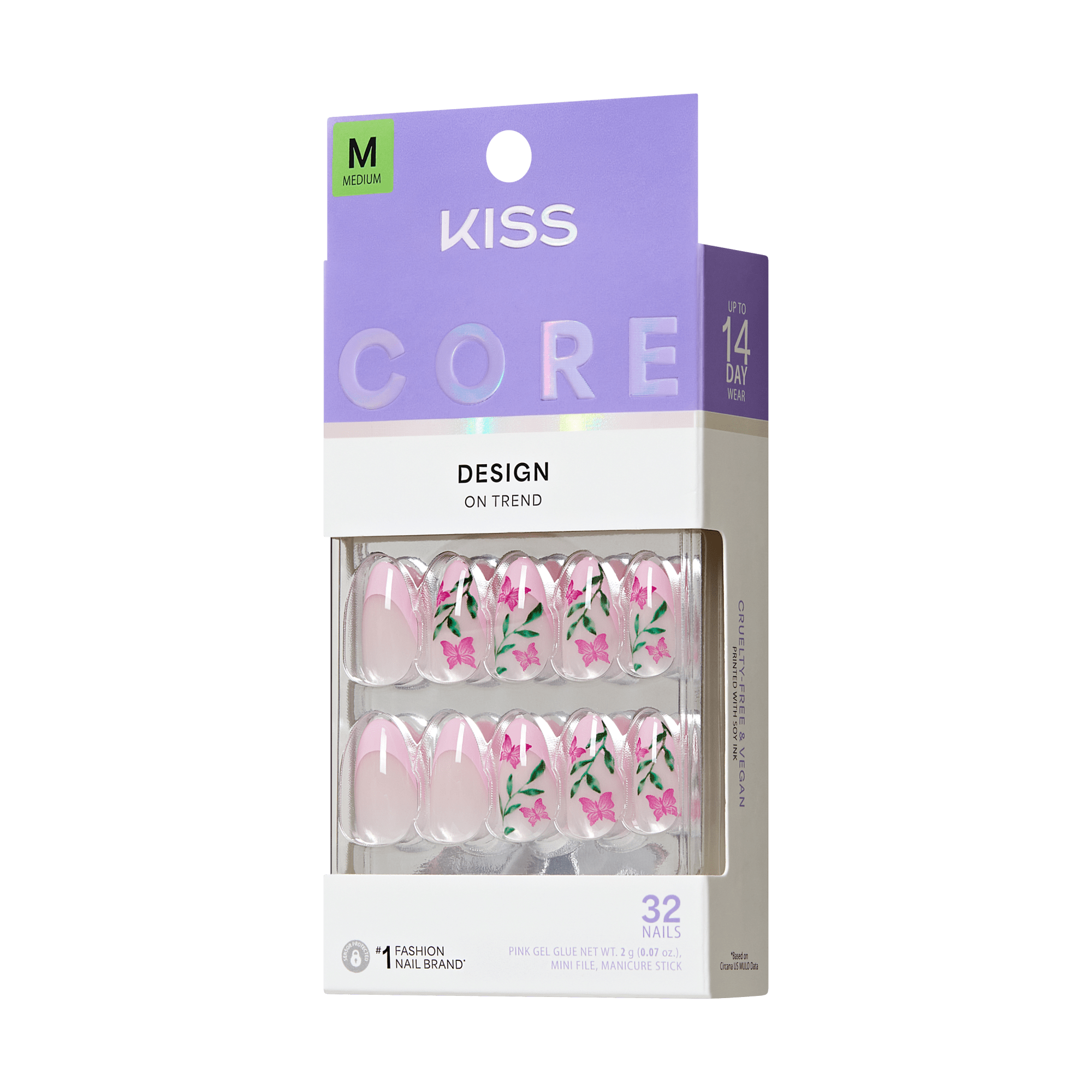 KISS Core Medium Nails, 32-count, pink floral design, up to 14-day wear