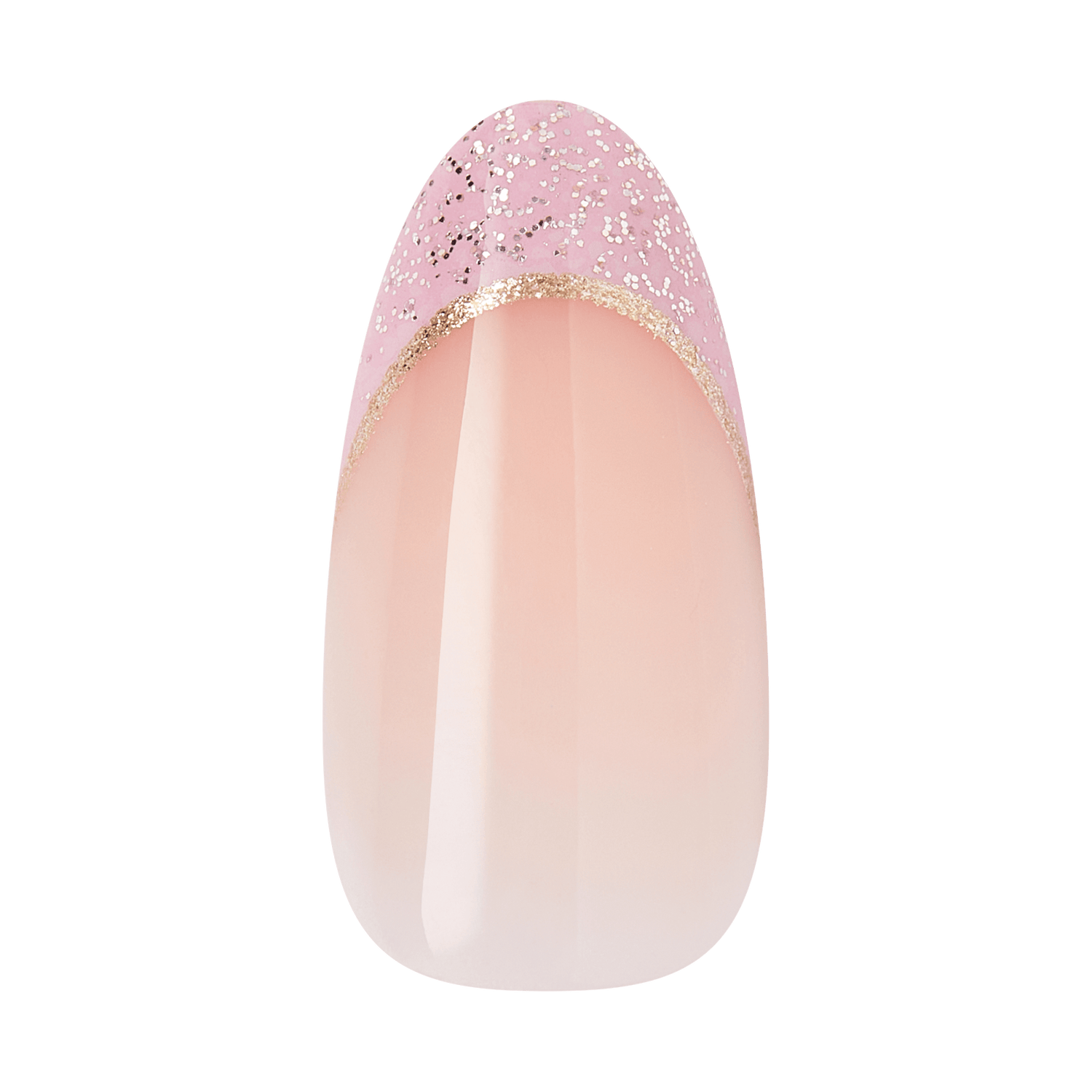 Almond-shaped nail with pink glitter ombre and gold accent band
