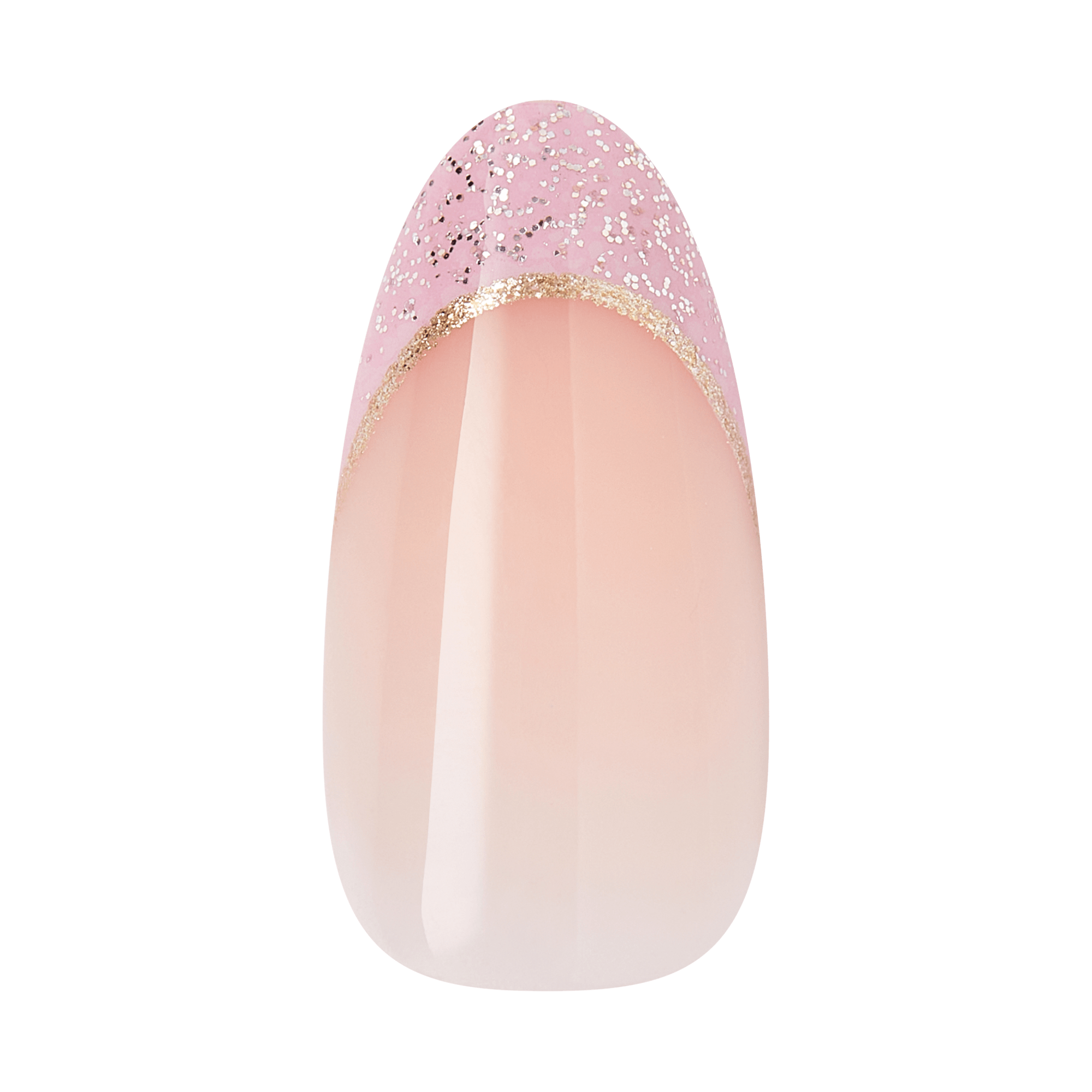 Almond-shaped nail with pink glitter ombre and gold accent band