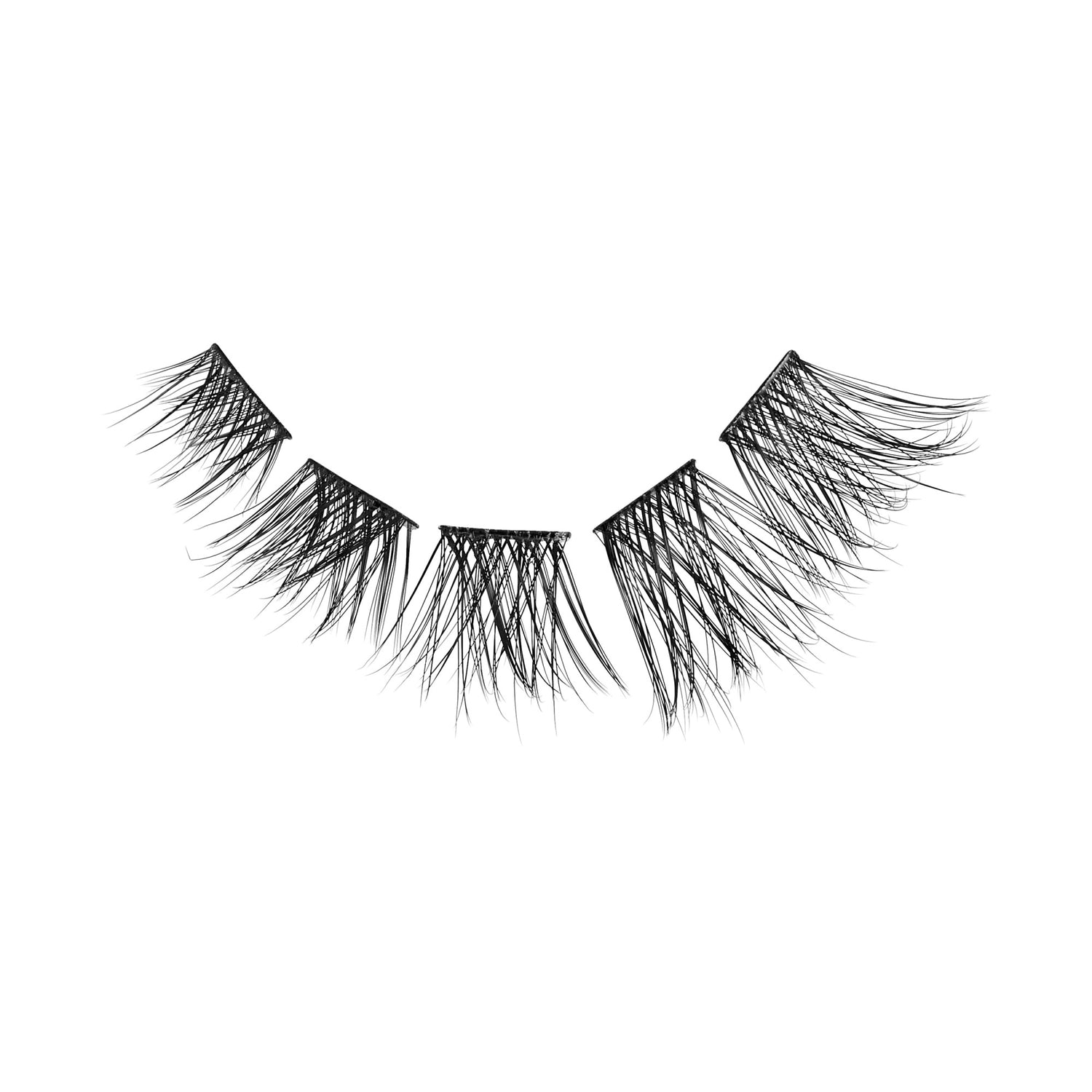 Pair of black false eyelashes with dramatic volume and length against white background.
