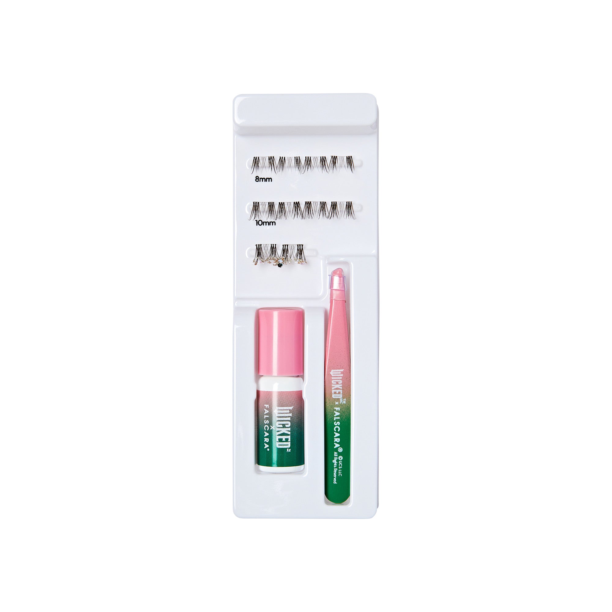The image features a neatly arranged eyelash extension kit. It includes several pairs of false eyelashes in two different lengths, 8mm and 10mm, positioned in a tray. There is also a small bottle of adhesive, which is likely used to apply the lashes, and a pair of tweezers for precise placement. The packaging is predominantly white with a gradient design on the adhesive bottle, transitioning from green to pink. The overall presentation is clean and organized, ideal for beauty enthusiasts.