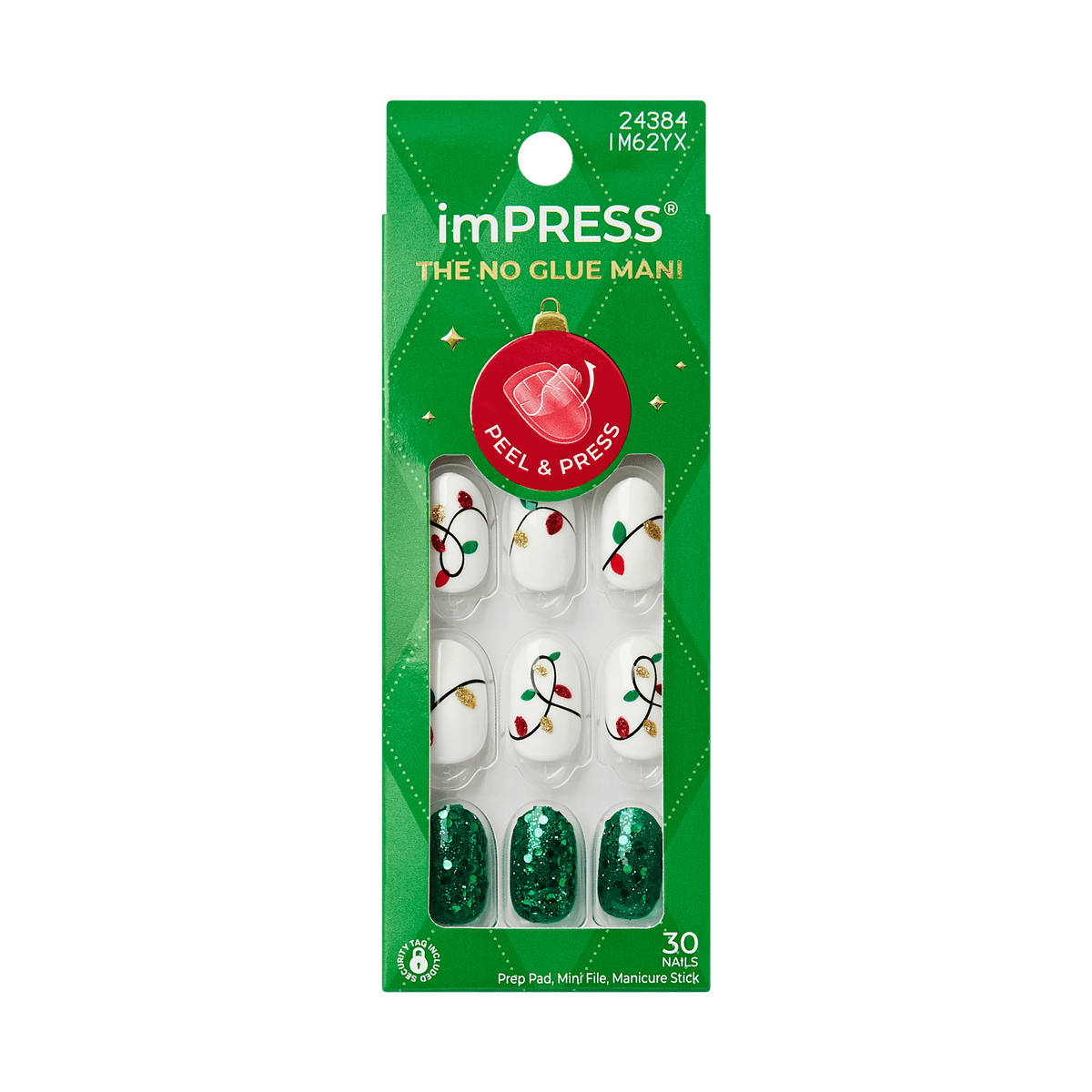 Impress Design Holiday No Glue Fake Press On Nails - Golden Carol | Design, Green &amp; White, Short, Oval, Manicure