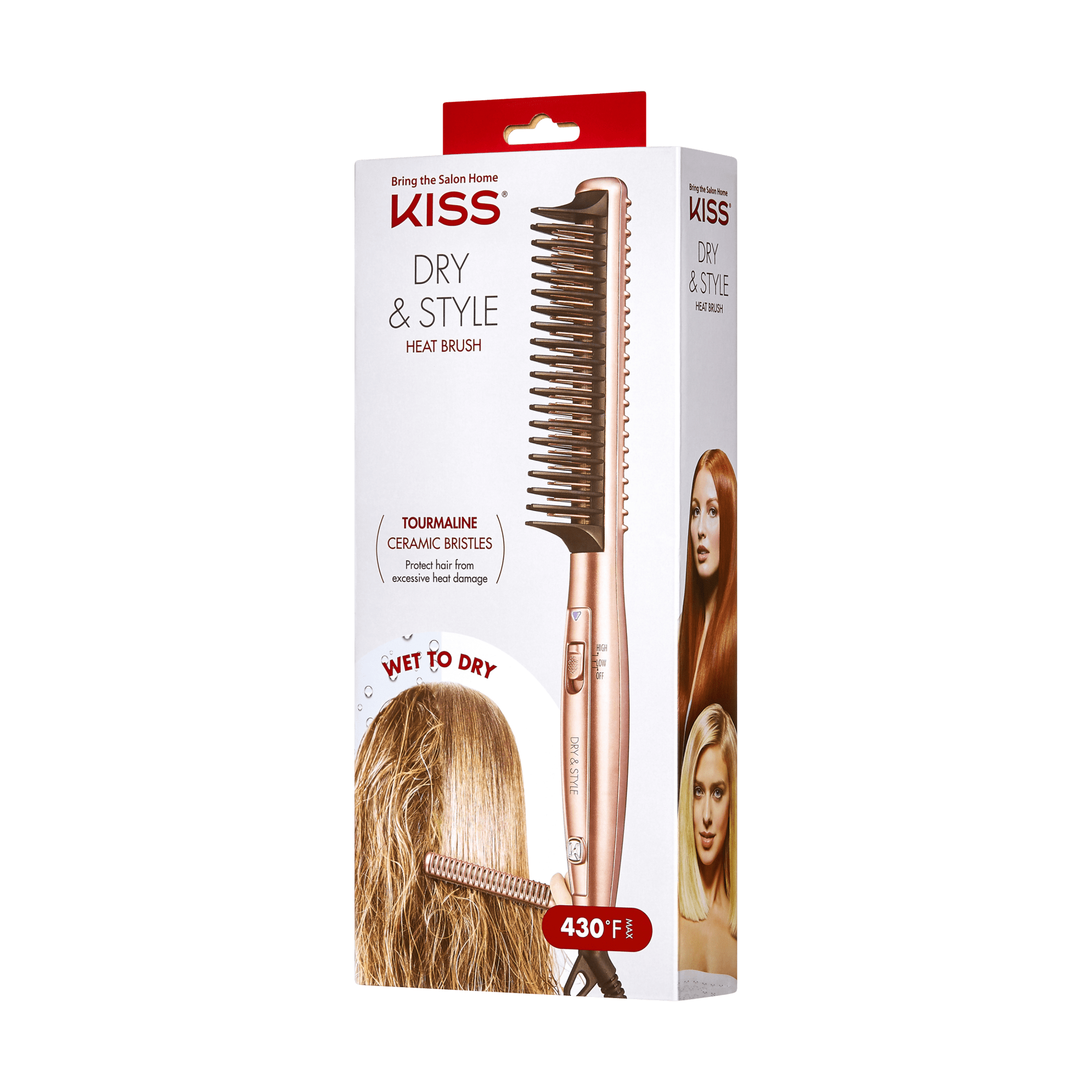 KISS Dry &amp; Style Heat Brush with tourmaline ceramic bristles, 430°F, wet to dry styling tool.