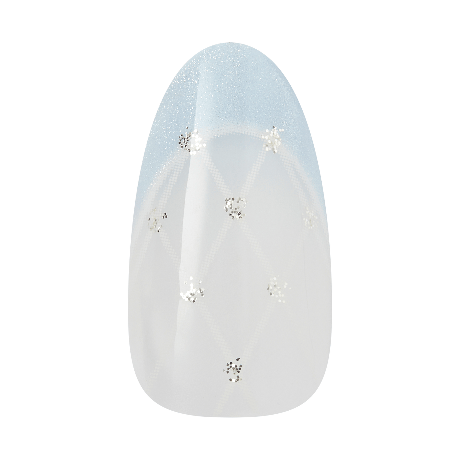 Almond-shaped nail polish design with white base and silver glitter accents.