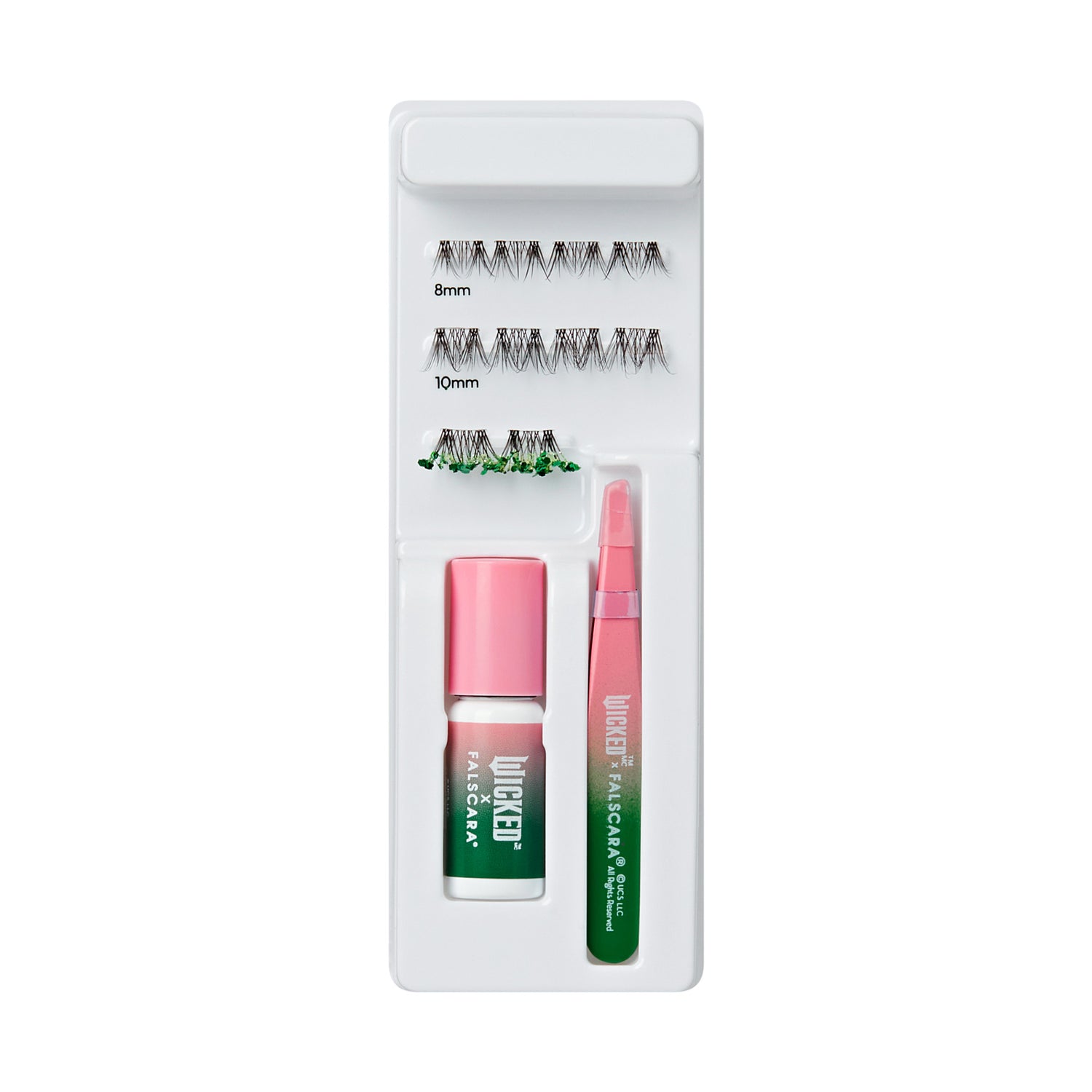 Lash extension kit with 8mm and 10mm lashes, adhesive, and applicator pen in pink and green packaging.