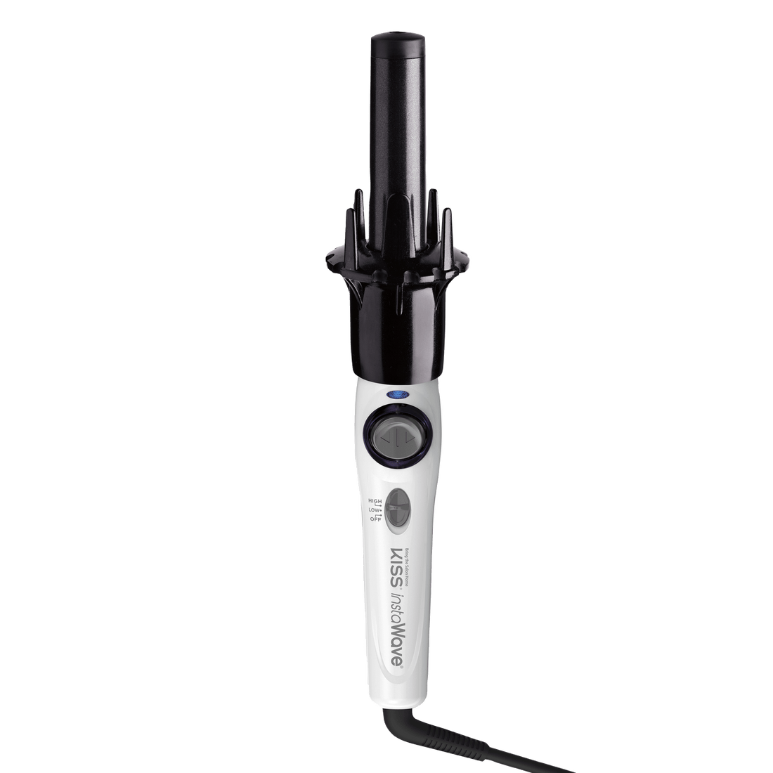 The image shows a hair styling tool, specifically a curling iron. The curling iron has a white handle with a digital display and control buttons. The barrel of the curling iron is black and features a unique design with several prongs or guides around it, likely to help with the curling process. The device is branded with the name "KISS Instawave" on the handle. The curling iron is connected to a power cord, indicating it is an electric device.