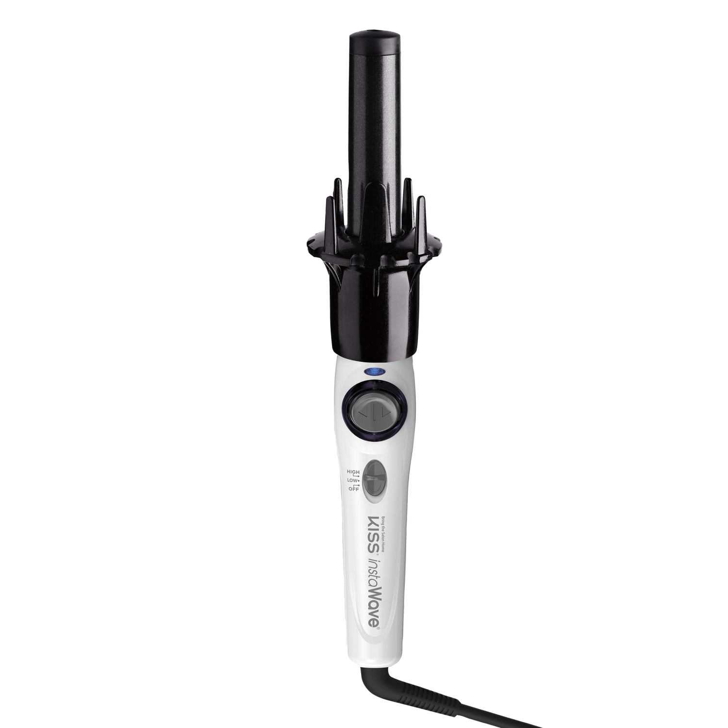 The image shows a hair styling tool, specifically a curling iron. The curling iron has a white handle with a digital display and control buttons. The barrel of the curling iron is black and features a unique design with several prongs or guides around it, likely to help with the curling process. The device is branded with the name "KISS Instawave" on the handle. The curling iron is connected to a power cord, indicating it is an electric device.