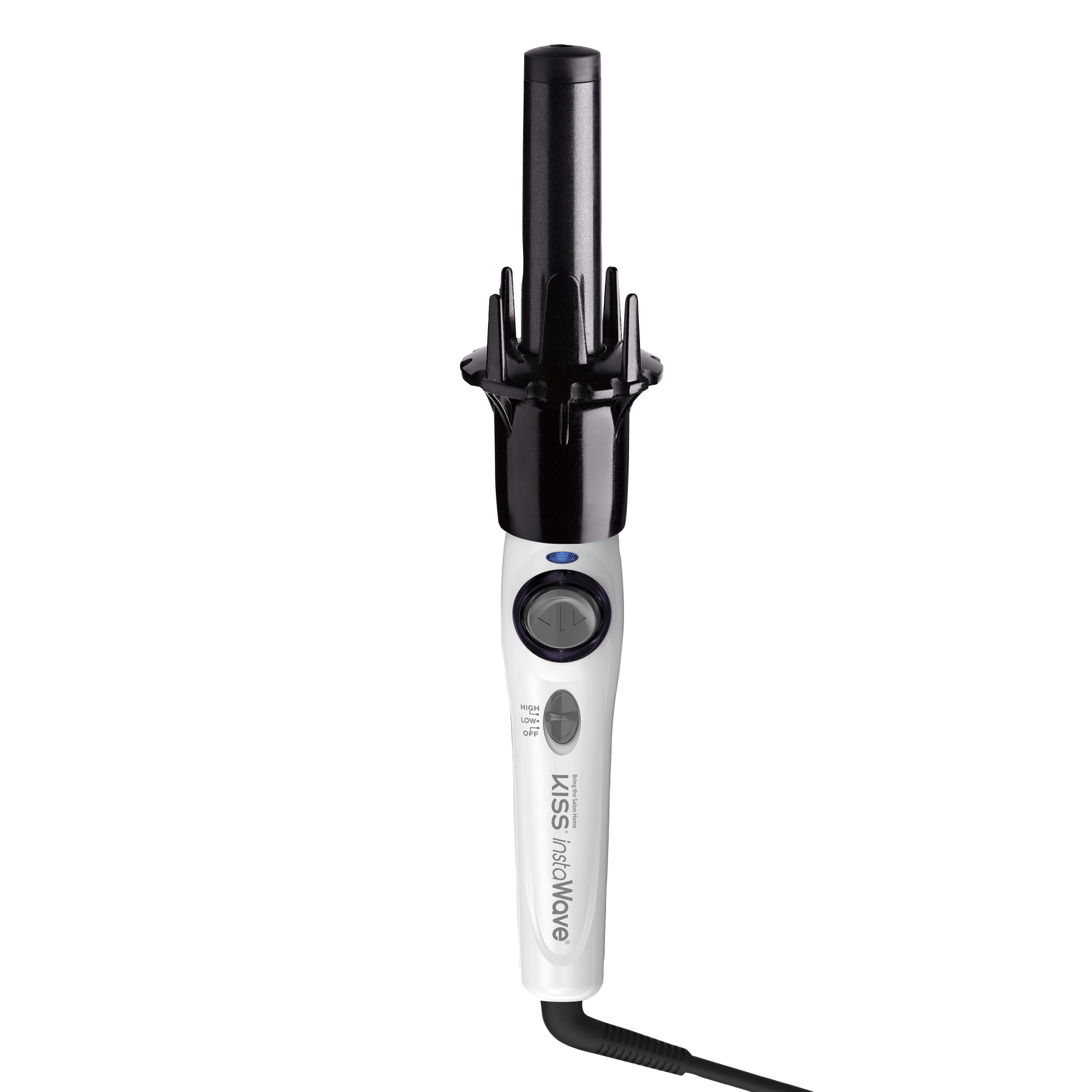 The image shows a hair styling tool, specifically a curling iron. The curling iron has a white handle with a digital display and control buttons. The barrel of the curling iron is black and features a unique design with several prongs or guides around it, likely to help with the curling process. The device is branded with the name "KISS Instawave" on the handle. The curling iron is connected to a power cord, indicating it is an electric device.