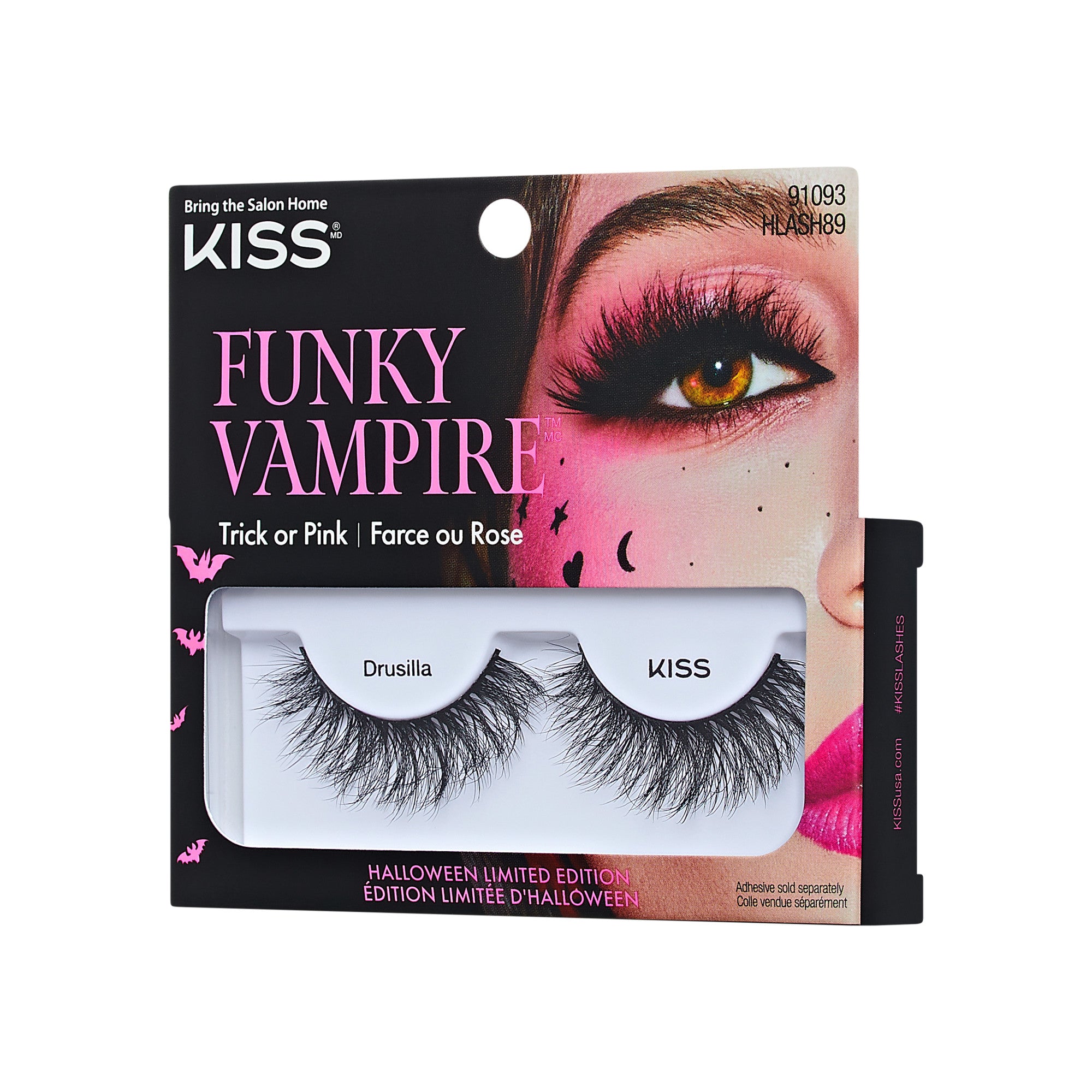 KISS Funky Vampire false lashes in Drusilla style, Halloween limited edition with pink eyeshadow look.