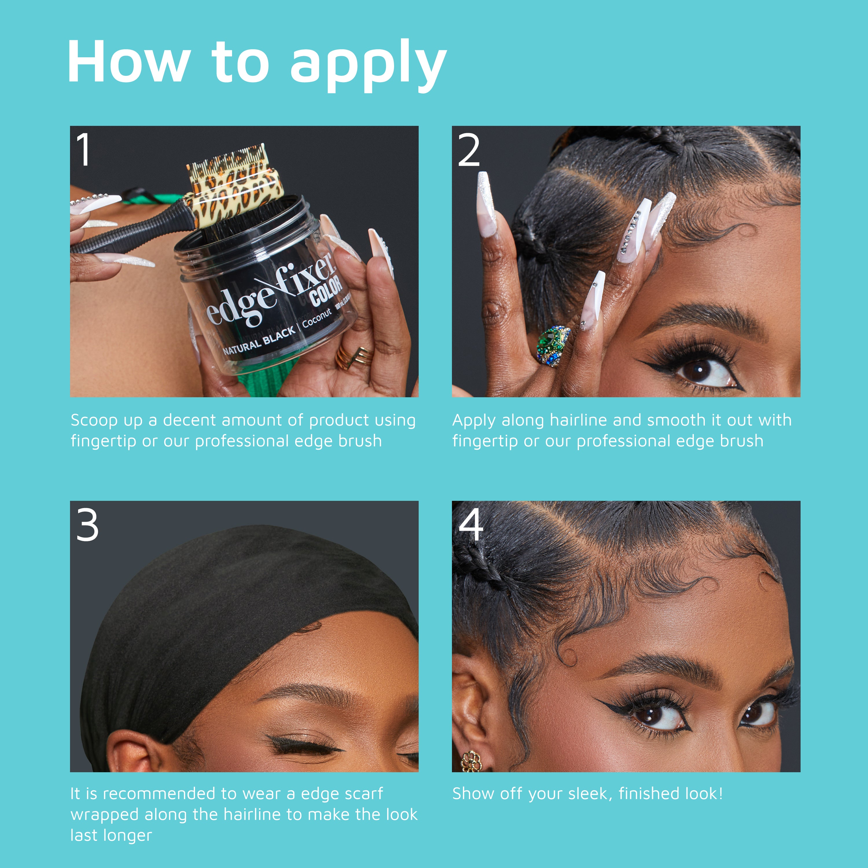 How to apply KISS Colors &amp; Care Edge Brush with Case: scoop edge fixer product with brush, apply and smooth along hairline, wear edge scarf, reveal sleek finished look.