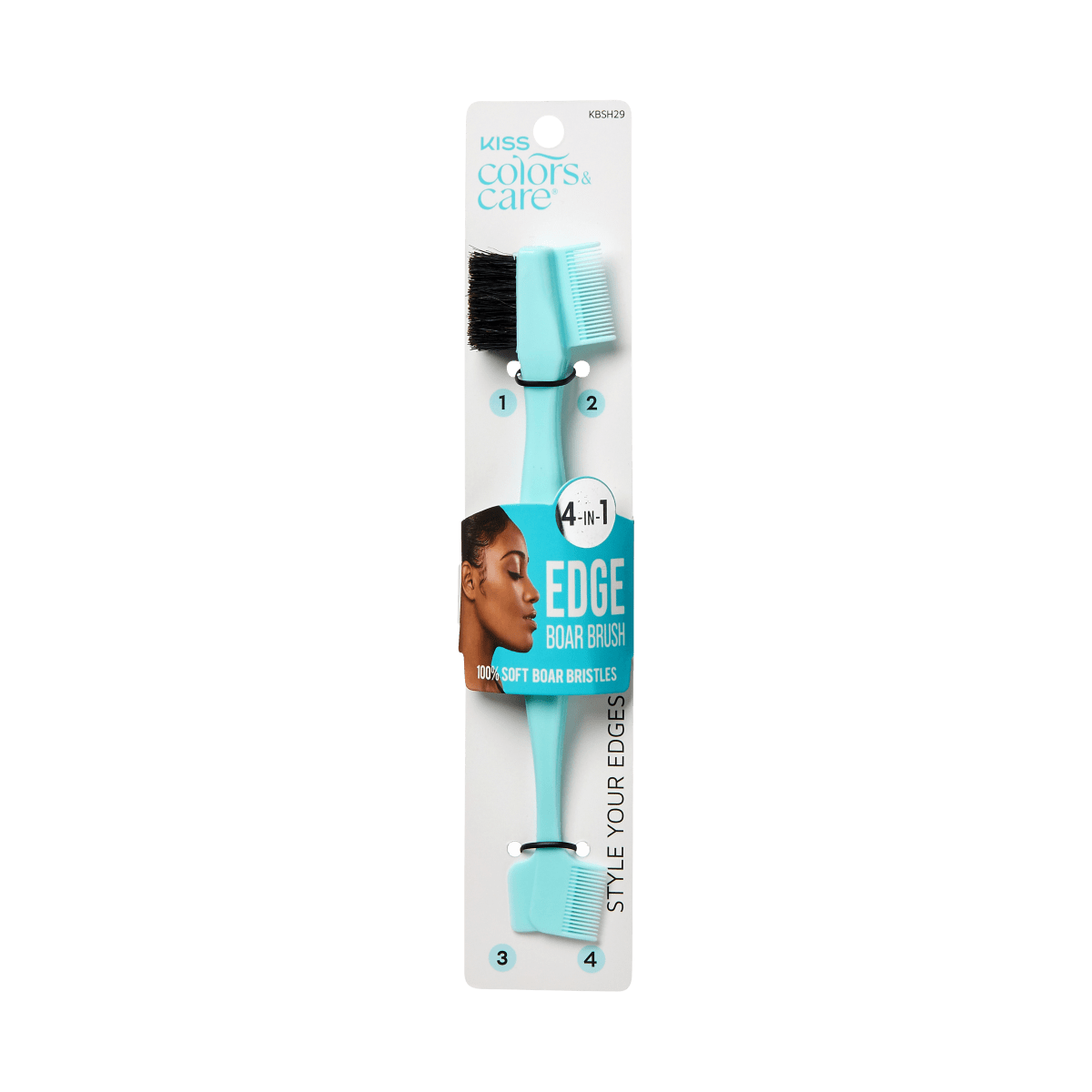 KISS Colors &amp; Care 4-in-1 edge boar brush with soft black bristles and multiple combs on a turquoise plastic handle. Packaging highlights "100% soft boar bristles" and "Style your edges."
