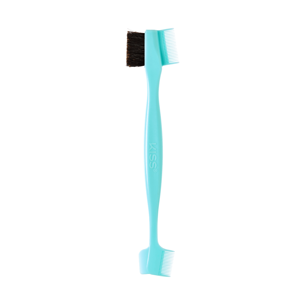 Turquoise double-ended 4-in-1 edge boar brush with brown bristles on one end and small blue combs on both ends, branded KISS.