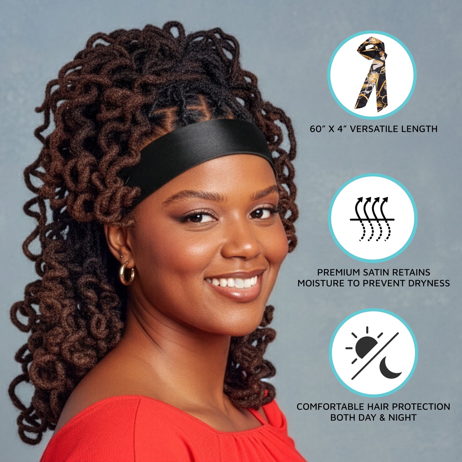 Smiling woman with curly hair wearing a black silky satin headband, with text highlighting 60” x 4” length, moisture-retaining satin, and day/night hair protection.