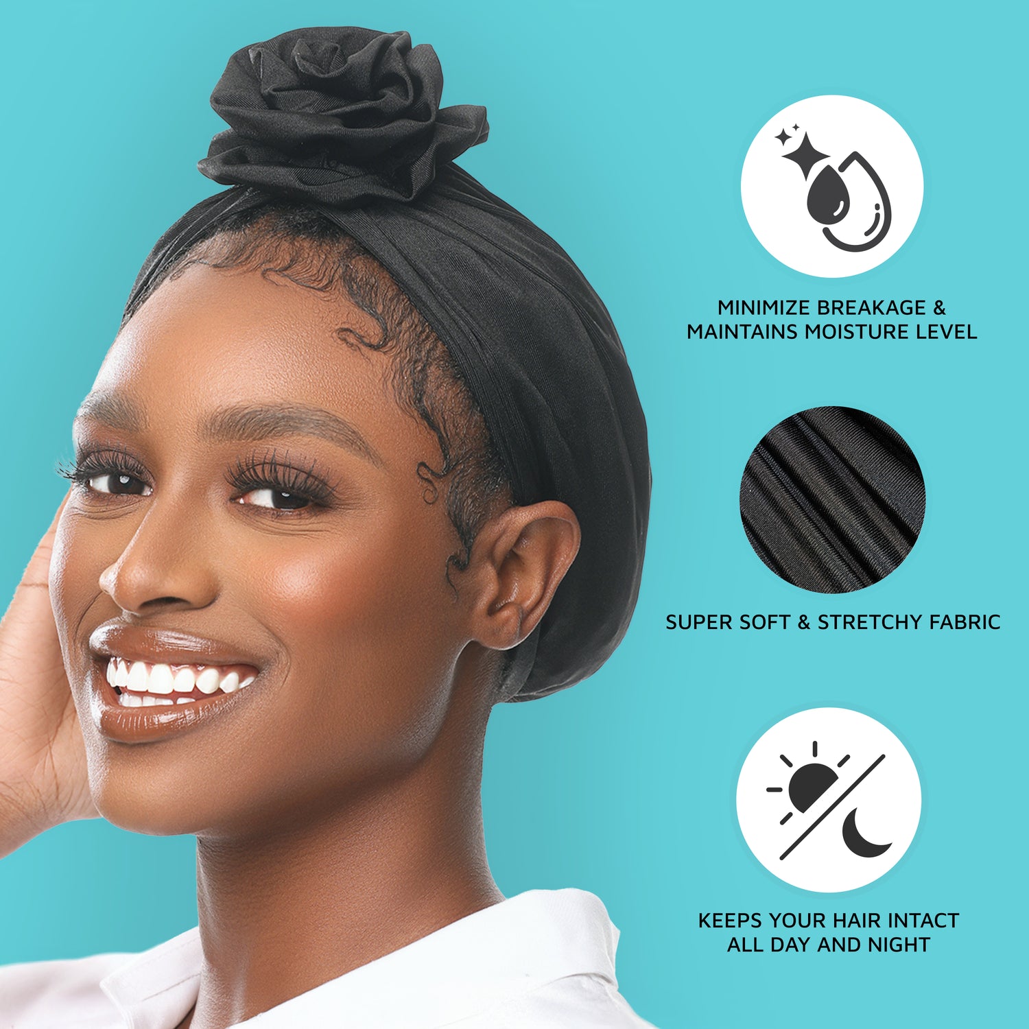 Smiling woman wearing a black pre-tied turban top knot against blue background. Text: minimizes breakage and maintains moisture, super soft stretchy fabric, protects hair day and night.