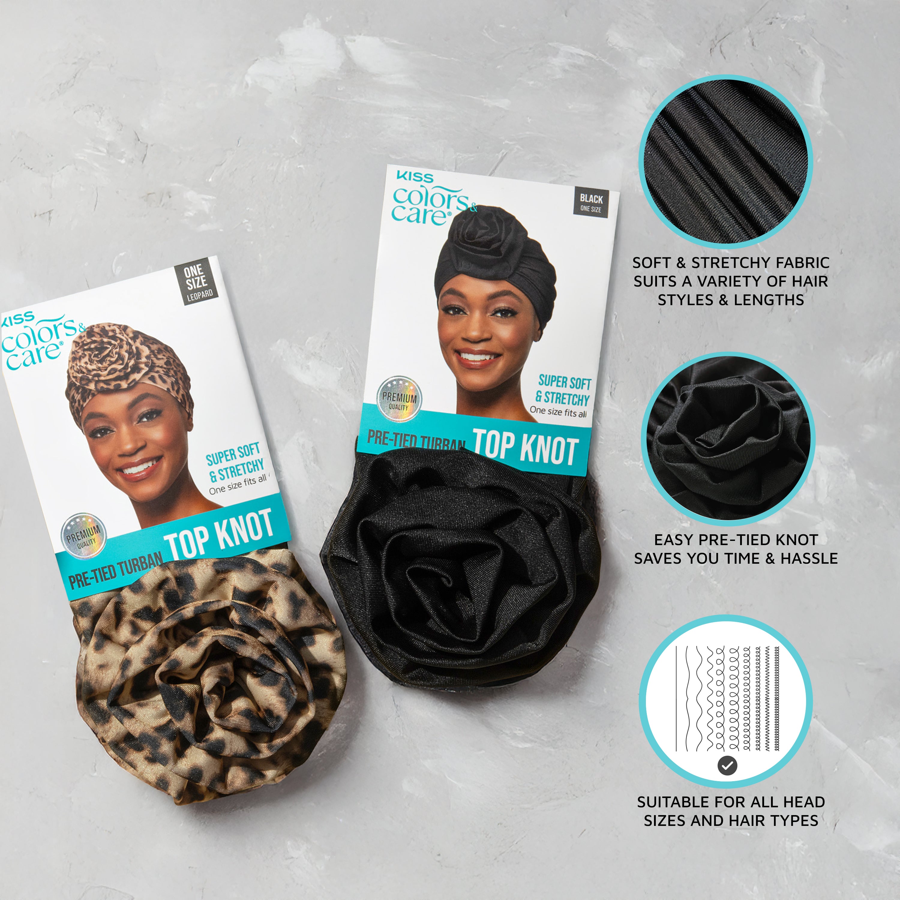 KISS Colors &amp; Care Pre-Tied Top Knot Turban packaging shows two turbans, leopard and black, with a smiling model.