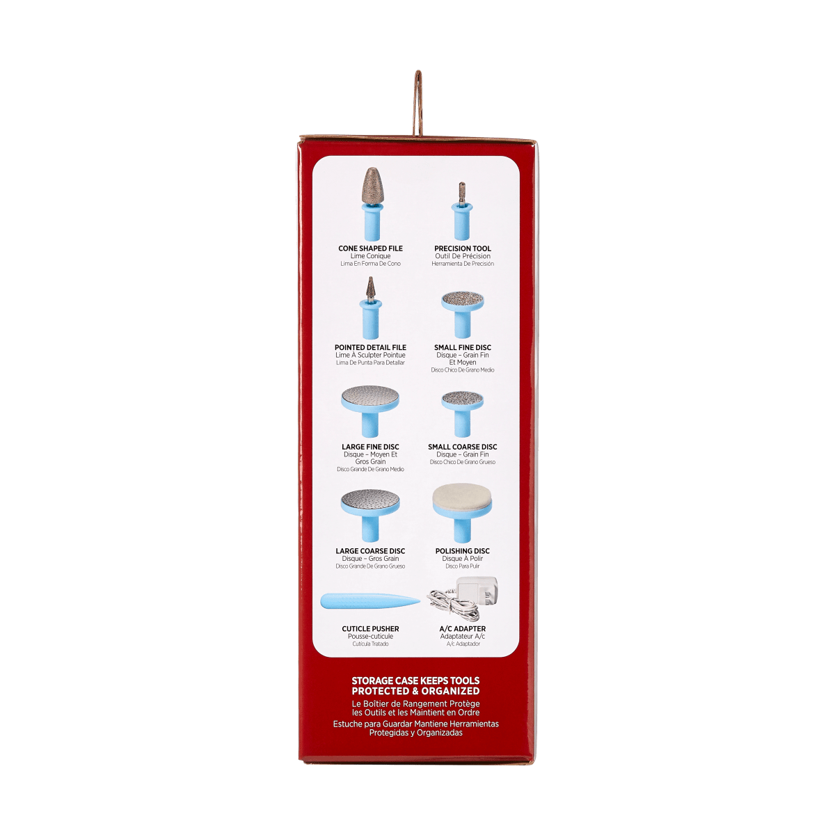 Red packaging side panel showing illustrations and names of eight nail file attachments and a cuticle pusher, plus an A/C adapter. Text notes the storage case keeps tools protected and organized.