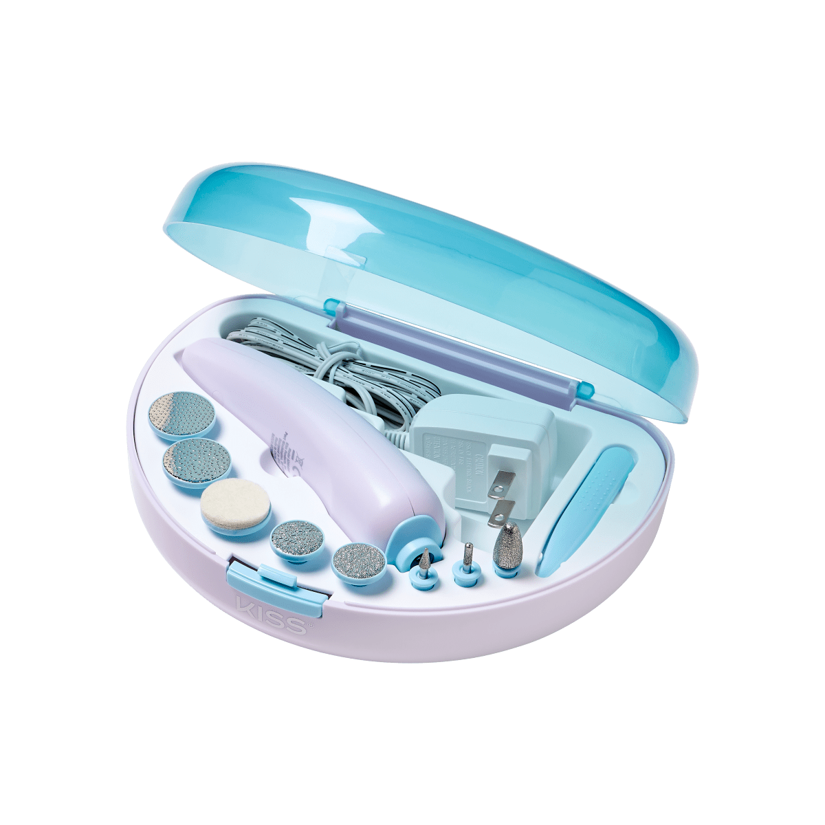 Oval-shaped KISS Powerfile rechargeable nail file kit in pastel purple and blue, with multiple metal filing heads, buffer, charger, and a blue plastic cuticle pusher inside a translucent blue lid case.