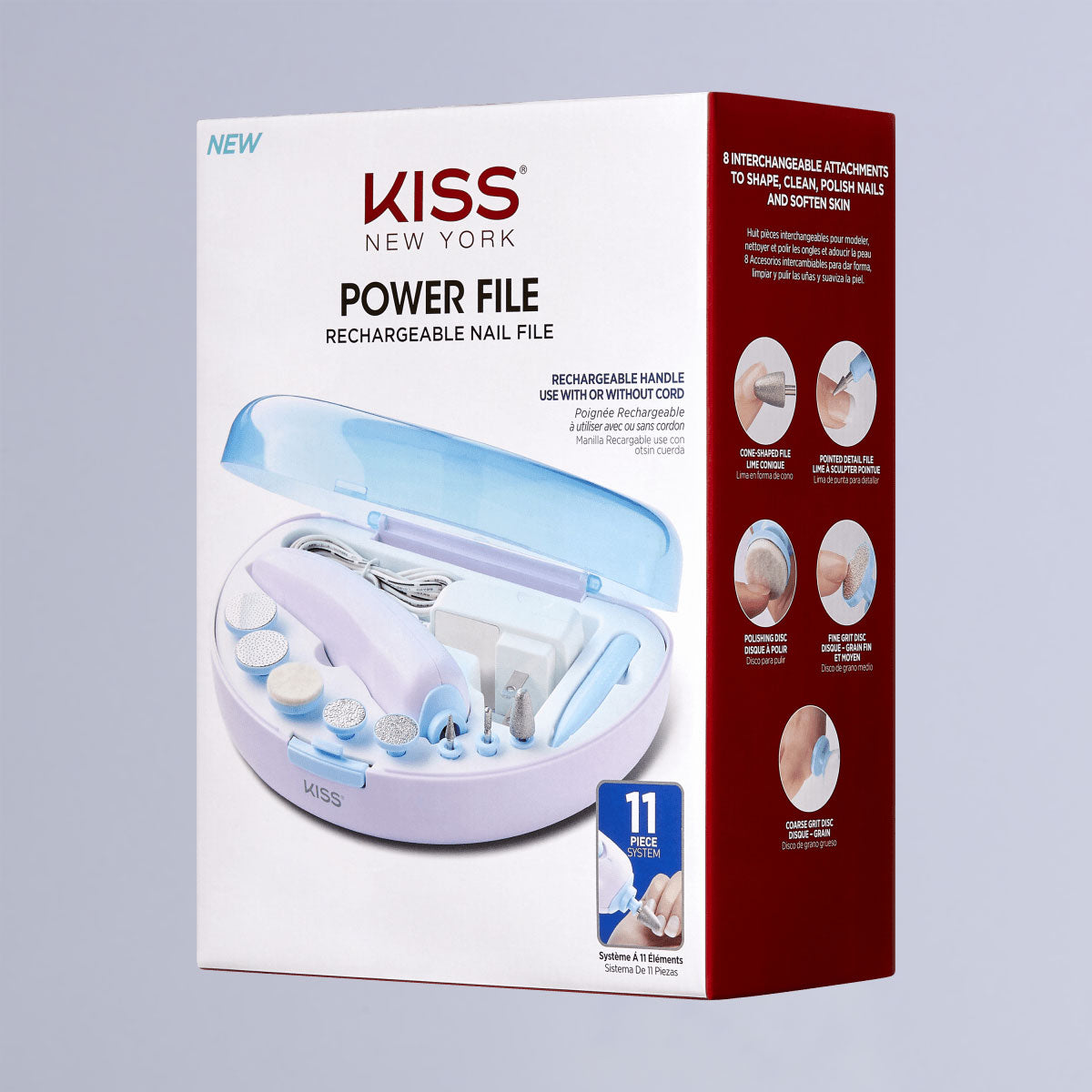 KISS Powerfile rechargeable nail file kit with 11 pieces, including 8 interchangeable attachments and a cordless handle in a white and blue storage case.