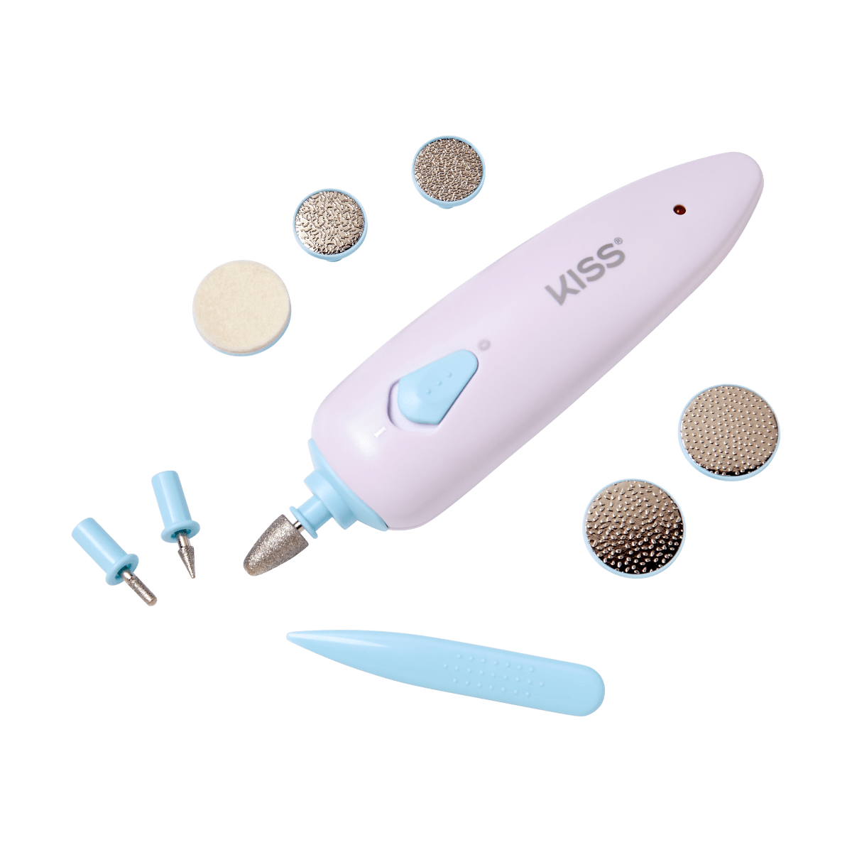 KISS Powerfile rechargeable nail file in white with blue button, featuring multiple interchangeable metal and buffing attachments arranged around it.