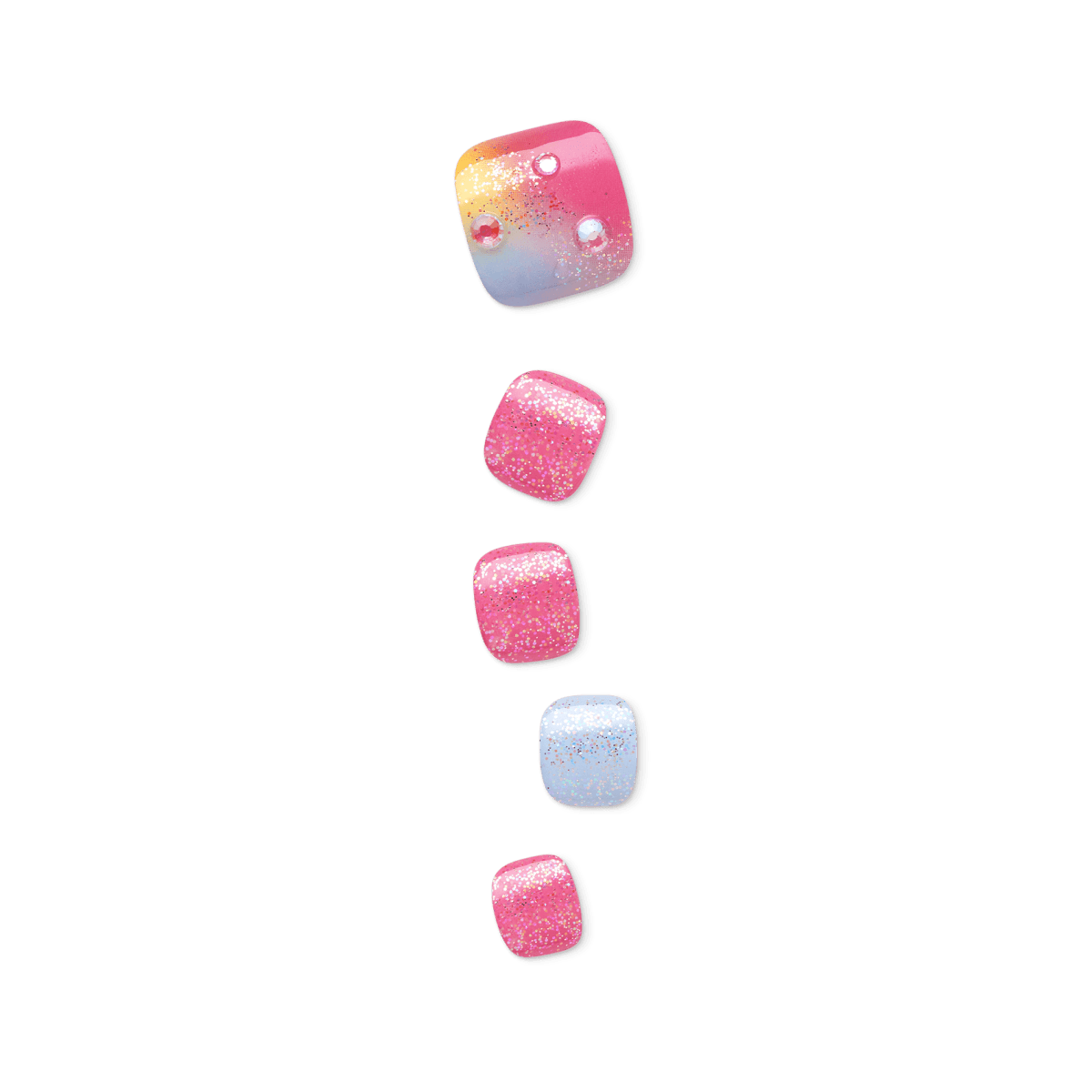Five press-on pedicure nails in a vertical arrangement with glitter. The largest nail features a gradient of yellow, pink, and blue with rhinestones, and the others are pink and blue with glitter.