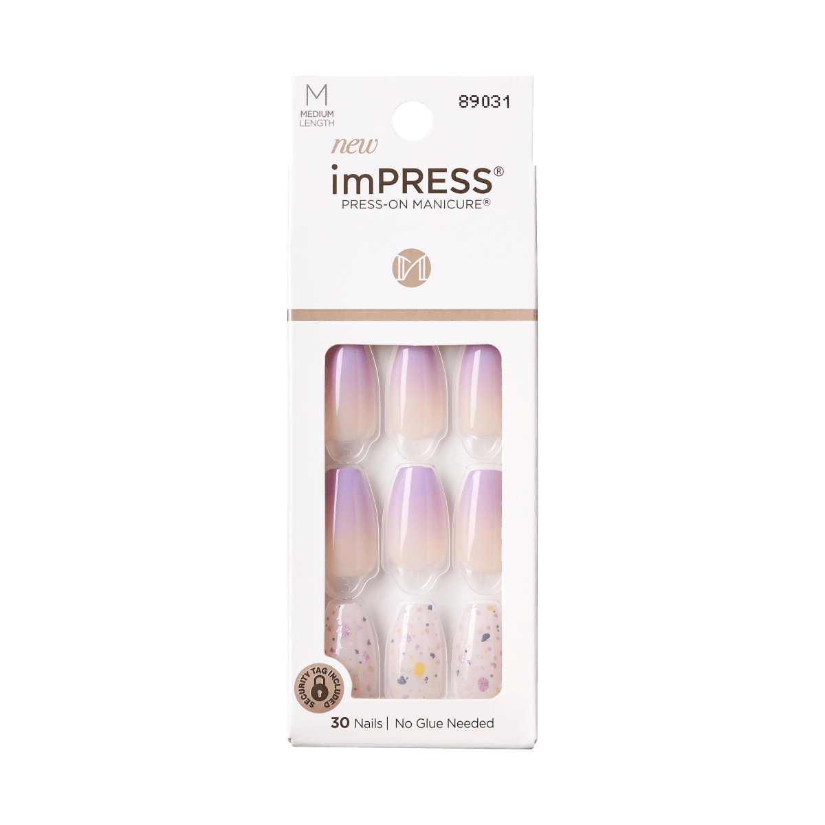 Packaging of imPRESS Press-On Manicure in medium length, showing 30 nails with purple ombre and colorful confetti designs, no glue needed.