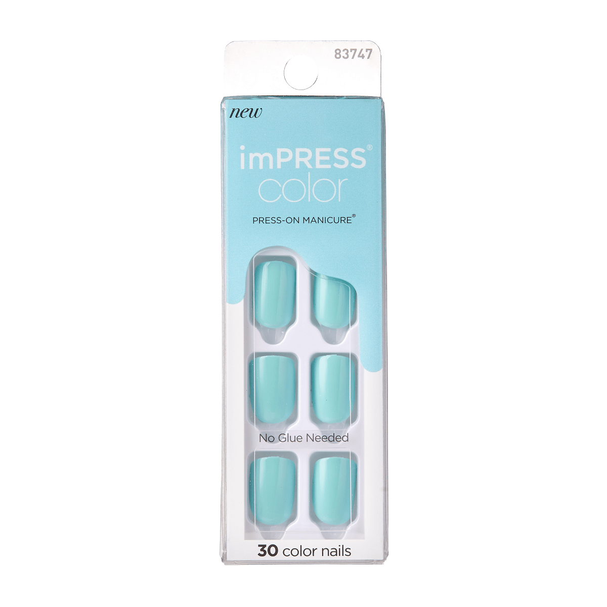 Mint green press-on nails in a clear and blue package labeled \