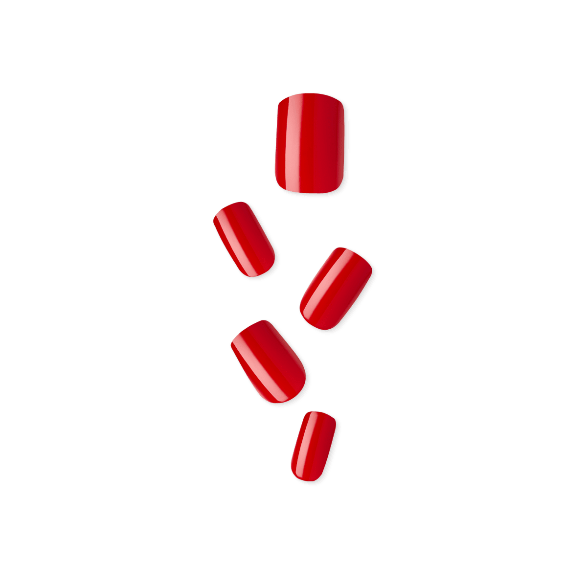Five glossy press-on nails in a bright red color arranged in a scattered pattern on a white background.